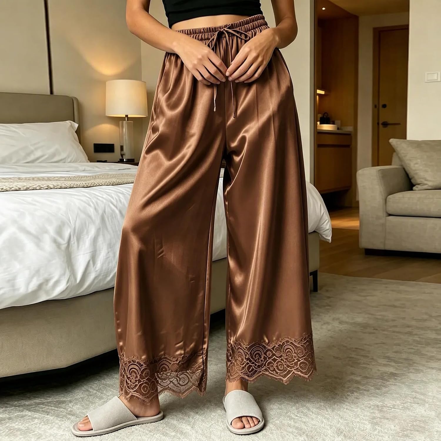 Womens Silk Satin Pants Wide Leg Lace Elastic Pajama Lounge Pants