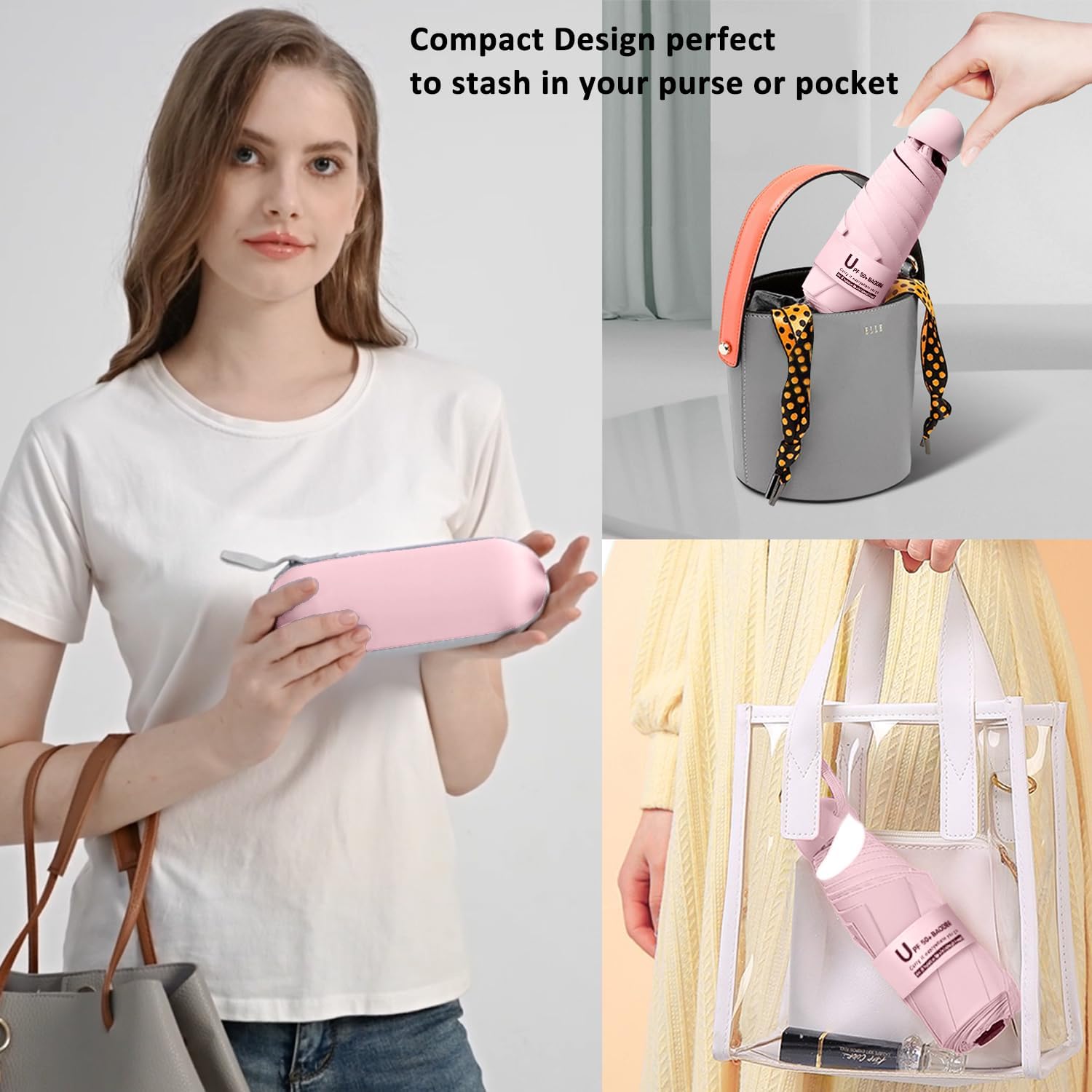 Pink BAODINI Travel Mini Umbrella for Purse With Case Small Compact UV Sun Protection Sun Lightweight Tiny Pocket Manual Open Close Umbrella for Women Kids and Men