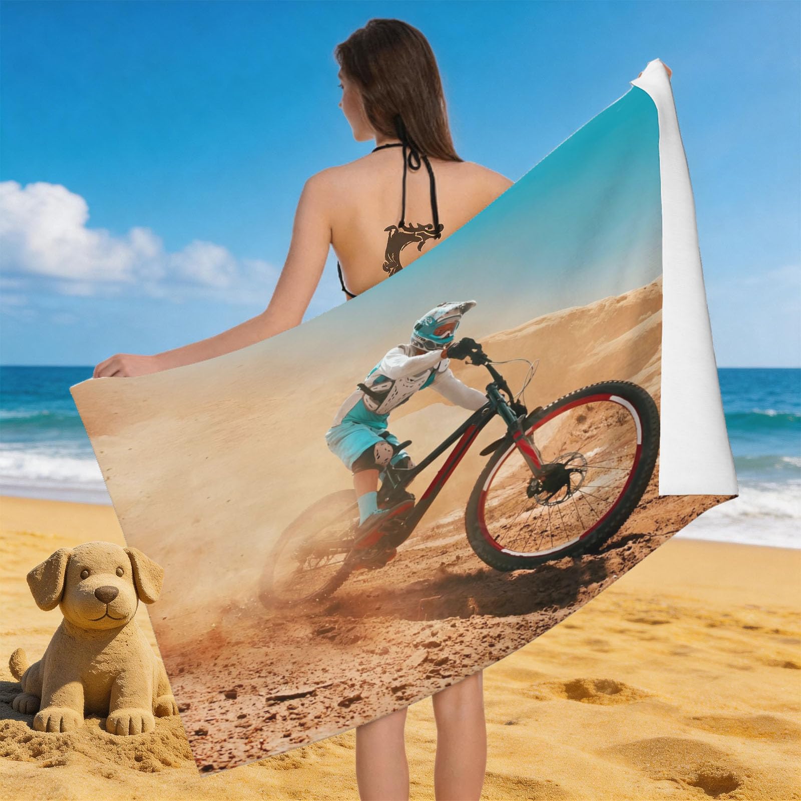 Leichong 3D Mountain Bike Beach Towel Microfiber Soft Quick Dry for Adults, Sports Theme Bath Towel Lightweight Soft Absorbent for Travel Swimming Pool Sports, 75 x 150 cm