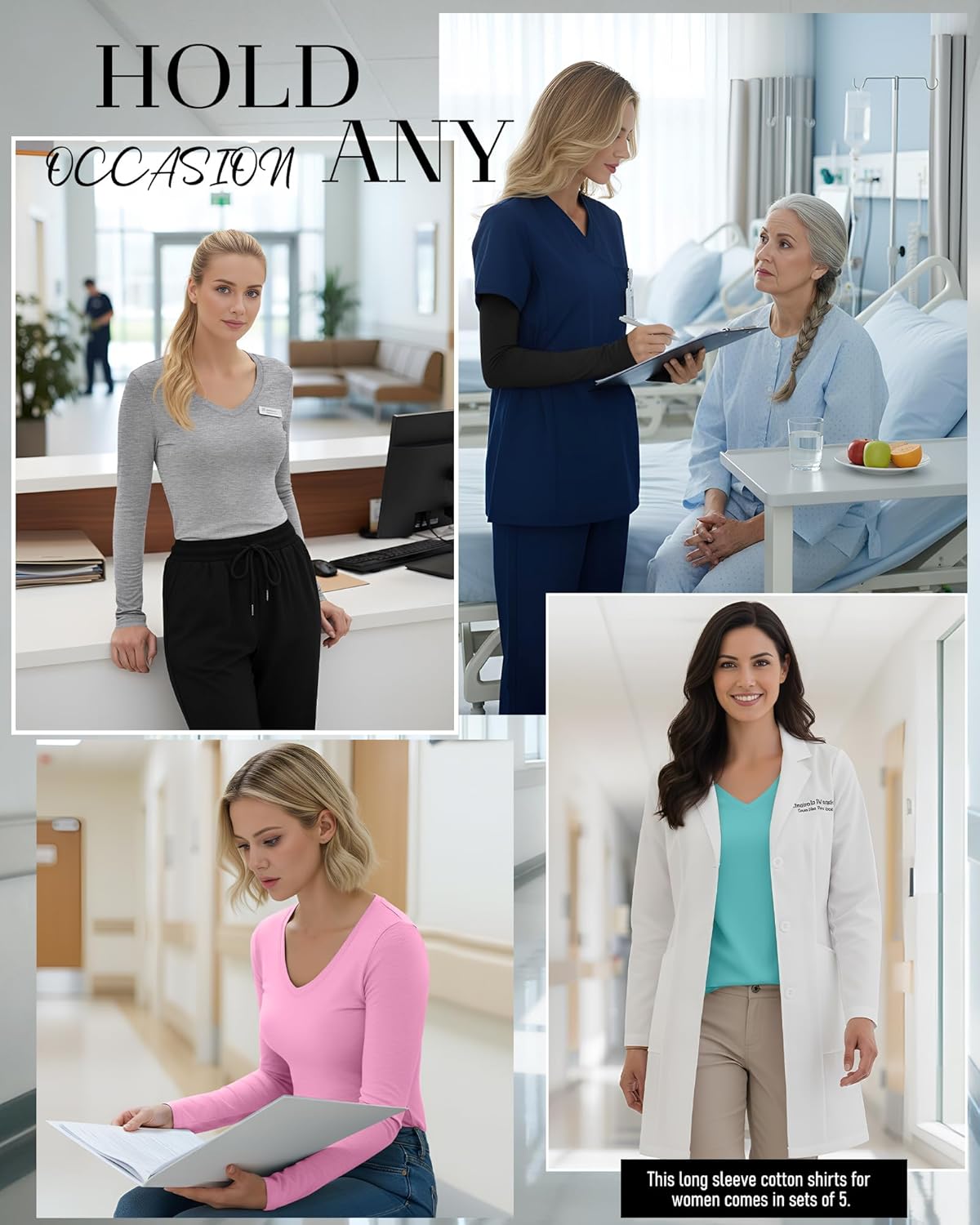5 Pack Women's Long Sleeve Under Scrubs V Neck Fitted Undershirts Basic Layering Tops for Nurse - Image 5
