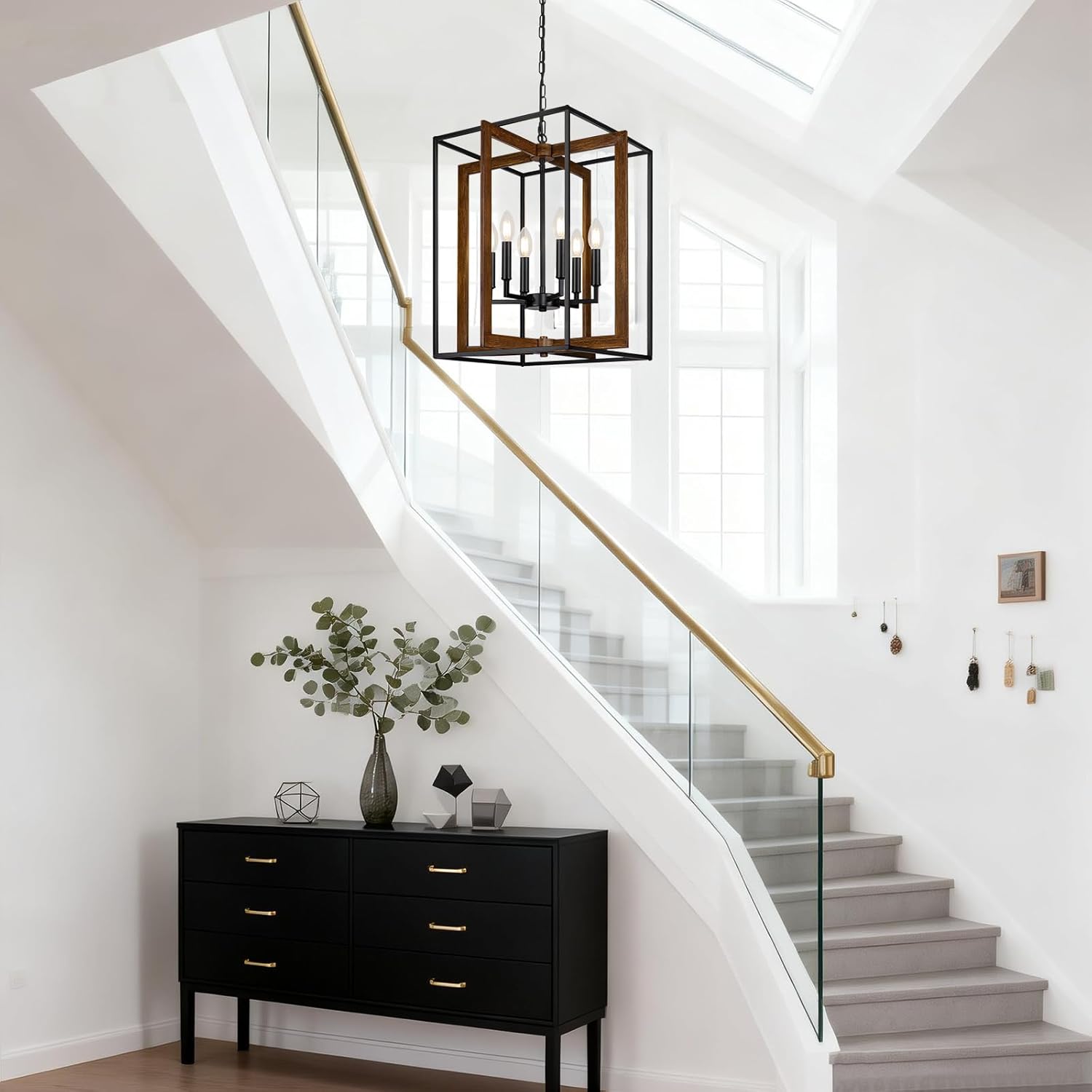 6-Light Rustic Farmhouse Chandelier for Dining Room, 20.6'' Modern Farmhouse Faux Wood Black Chandeliers, Adjustable Metal Lantern Hanging Light Fixture for Foyer, Kitchen, Entryway, Hallway