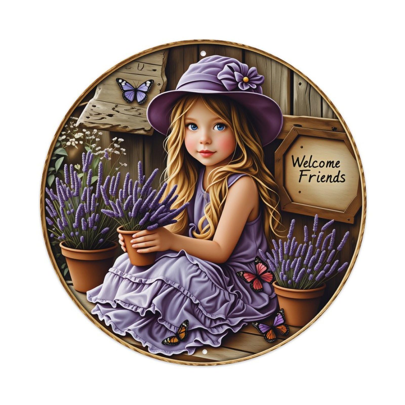 Girl Lavender Garden Butterfly Hat Metal Tin Sign Vintage Garden Bedroom Cafe Bar Man Cave Home Wall Decor Metal Poster 8x8 inches