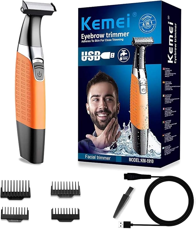 Aparador elétrico KEMEI MNF-1910 para barba e pelos corporais, recarregável via USB, com 4 pentes