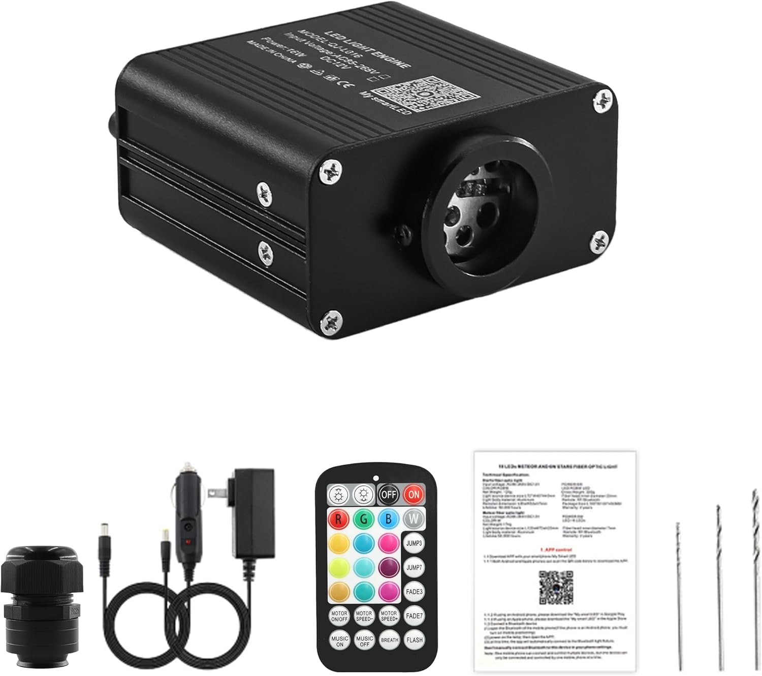 10W Twinkle Fiber Optic Light Engine, Bluetooth App/RF Remote Control for Starlight Headliner, Car Plug & Power Adapter, PG Connector & 3 Drill Bits