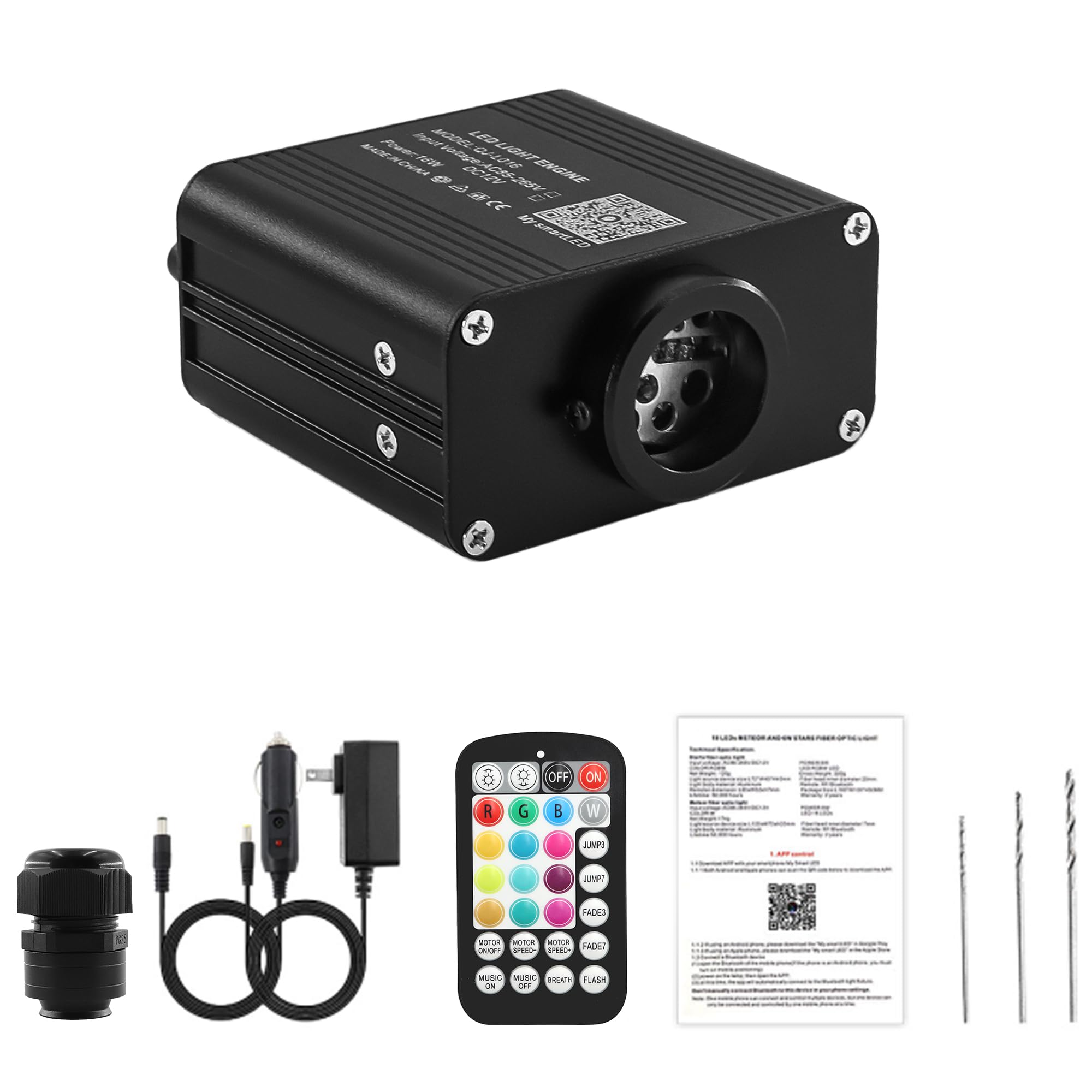 Photo 1 of ATOKEE 16W Compact Size Fiber Optic Light Box for Starlight Headliner, Twinkle & Music Mode, Control by Bluetooth App/RF Remote Control, Car Plug & Power Adapter, PG Connector & 3 Drill Bits