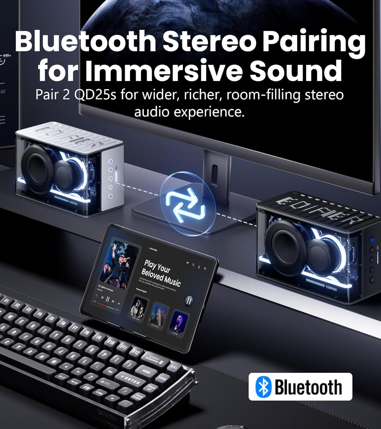 Edifier QD25 Bluetooth Speaker | Portable Desktop Audio, 25W (RMS) Dynamic Sound, Hi-Res Audio, Splendid Light Effects, 15H Playtime, Bluetooth 6.0, Wireless Stereo Pairing, Black - Image 8