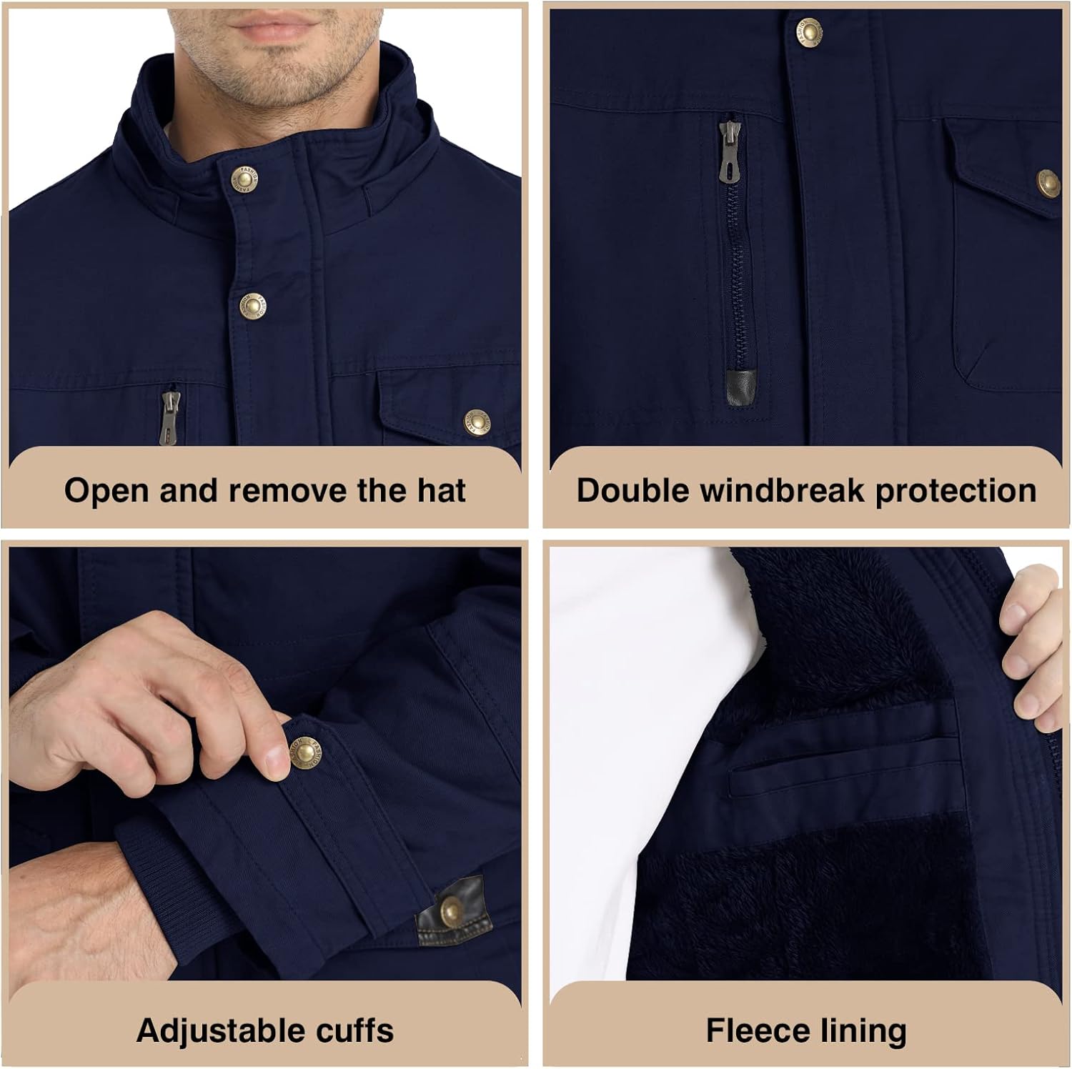 Men's Winter Jacket Military Jacket Fleece Lined Warm Cargo Jackets Removable Hood Cotton Work Coat - Image 5