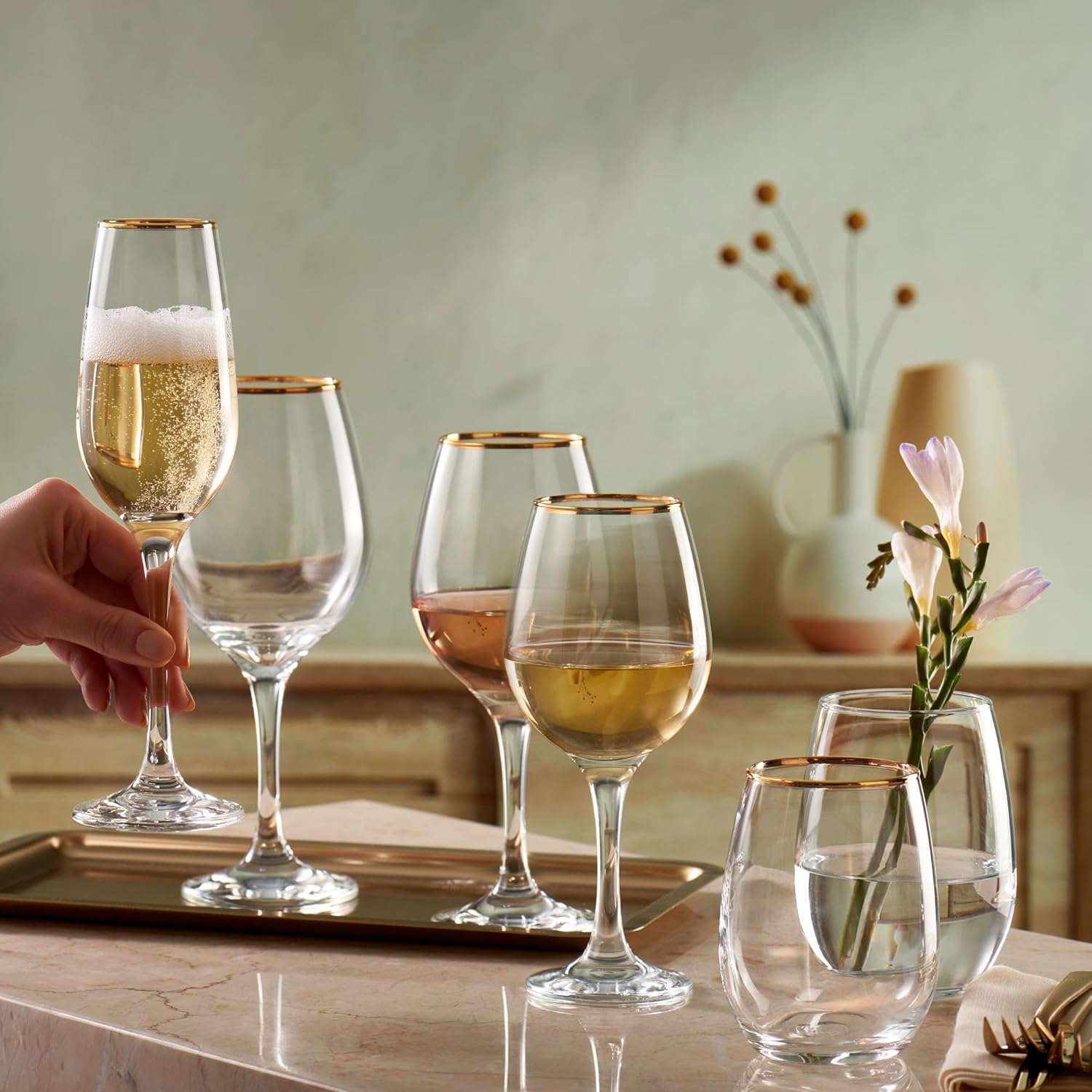 Pasabahce Amber Pack of 6 Glasses, Glass, Transparent with Gold Edge, 35 cl