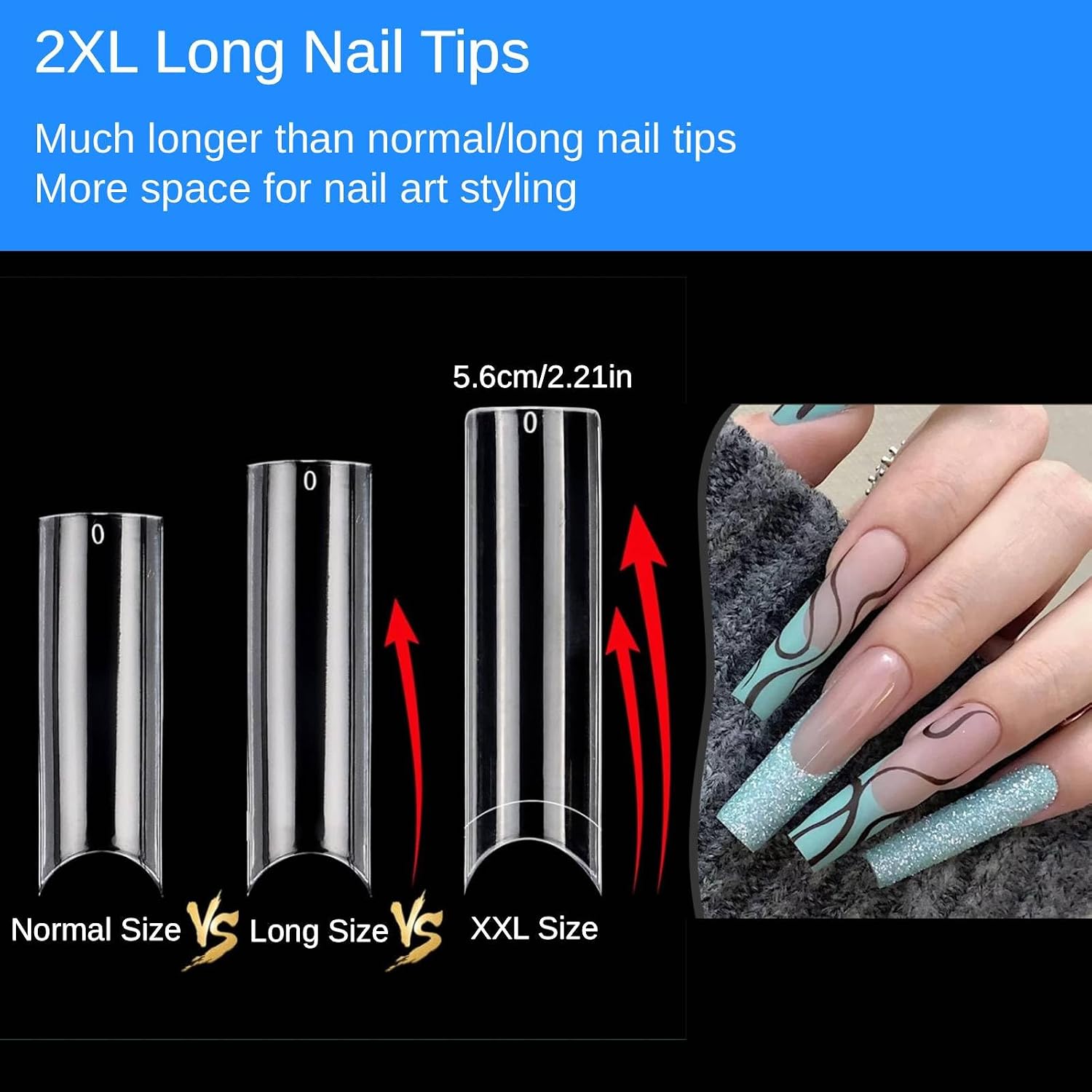 240Pcs Long Square Nail Tips, Acrylic Long Square Nails, 12 Sizes No C Clear Full Cover Fake Nails, French Straight False Nail Extension for Beginner and Professional Home Salon DIY