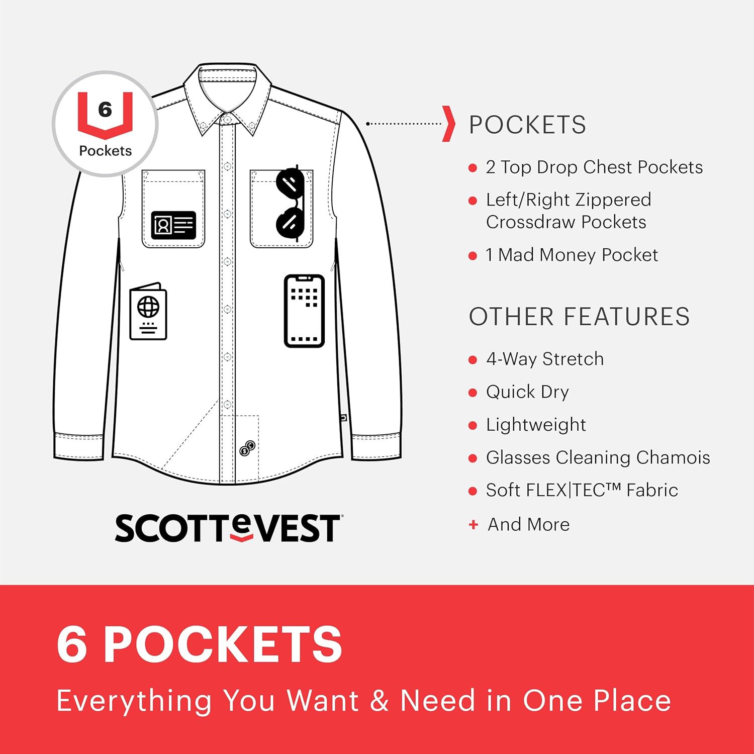 SCOTTeVEST Adventurer Long Sleeve Shirt for Men - 6 Hidden Pockets - Quick Dry Button Down for Travel & More