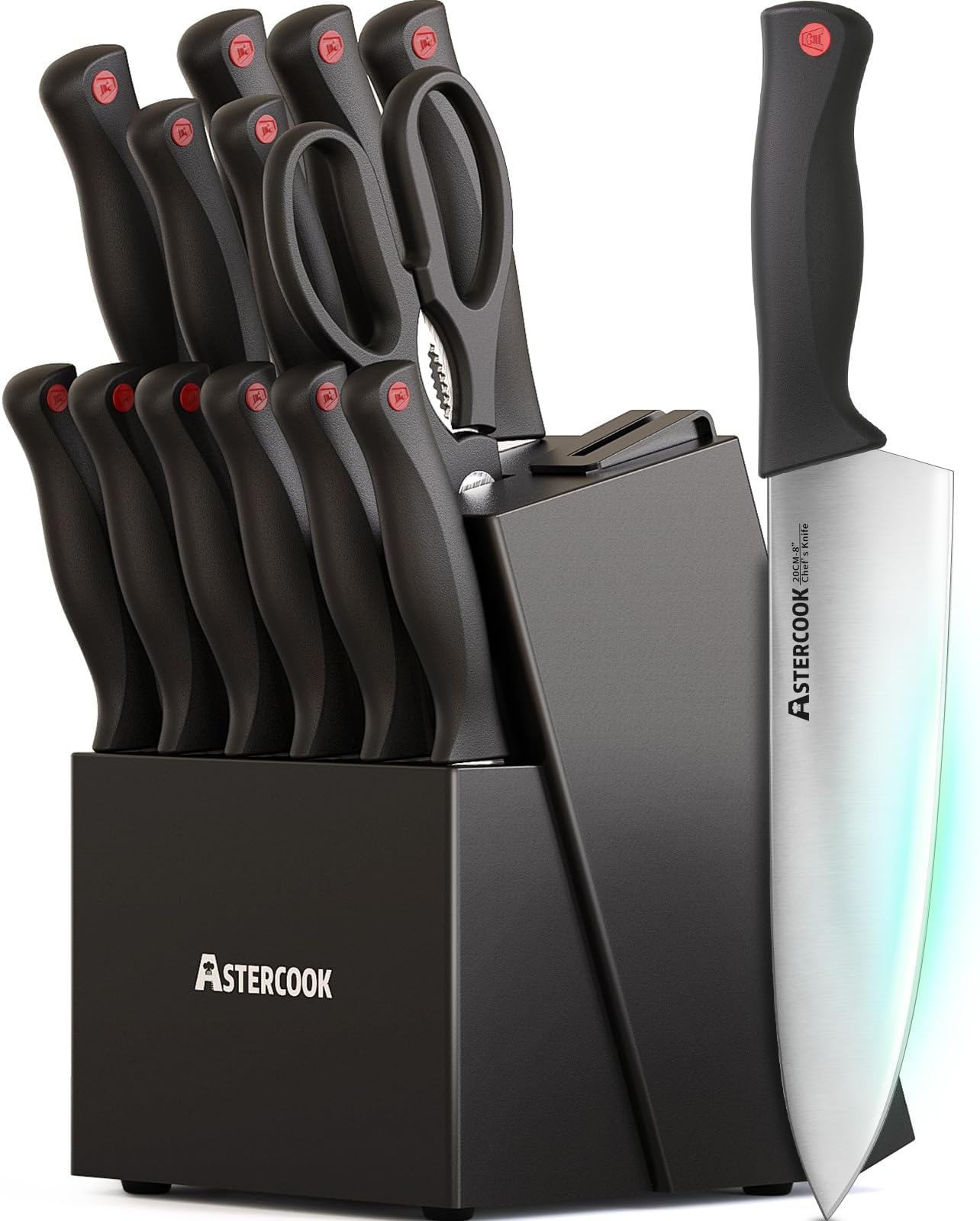 Astercook Kitchen Knife Set, 15 Pieces knives Set with Built-in Sharpener, High Carbon German Stainless Steel Chef Knife Block Sets, Sharp & Rust Resistant Dishwasher Safe Black