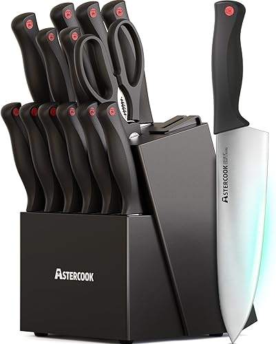 Astercook Juego de cuchillos de cocina, juego de 15 cuchillos con afilador integrado, juego de bloques de cuchillos de chef de acero inoxidable