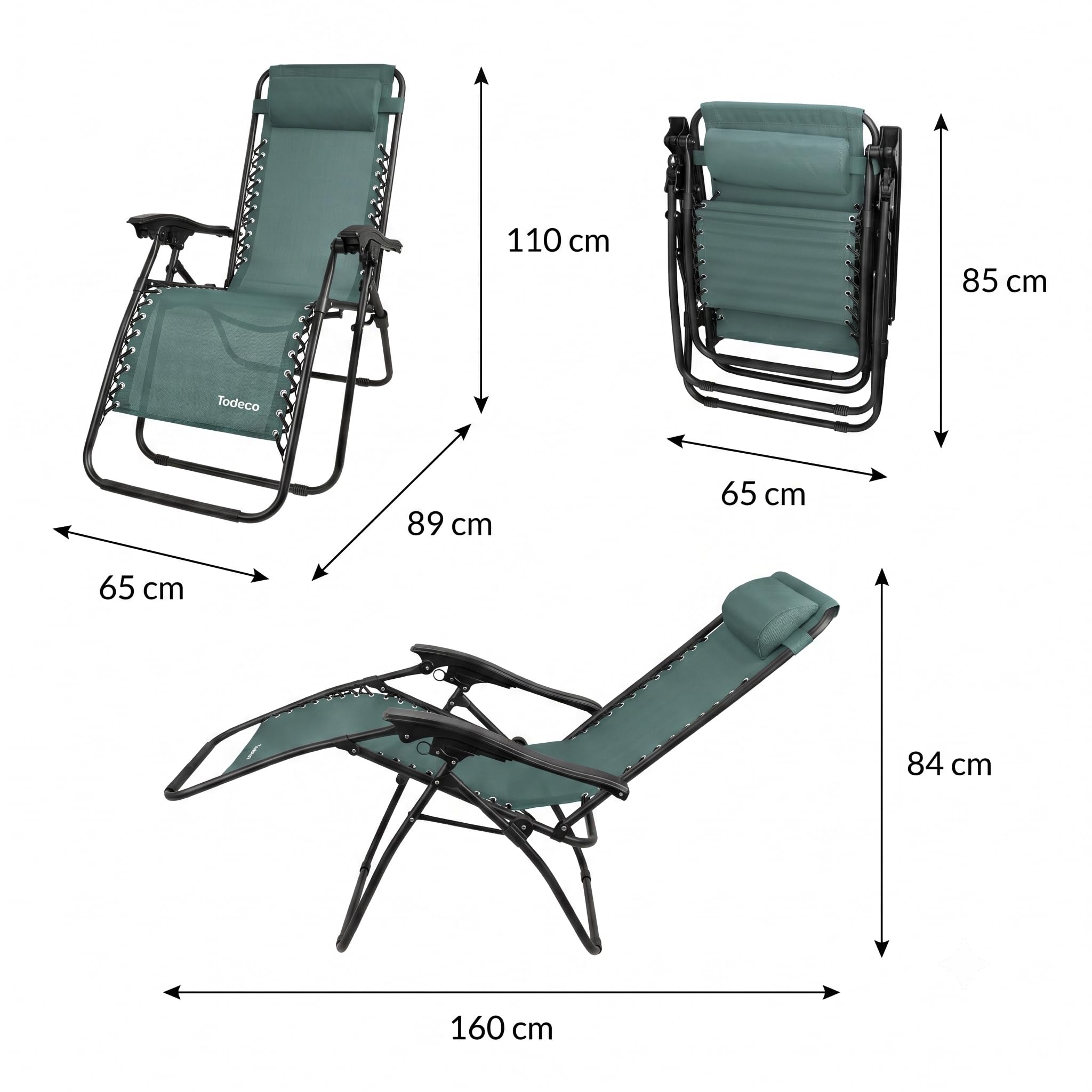 Todeco Relajante Textileno Jardín, Silla Plegable de Gravedad Cero, Verde | incluye Almohada, Estructura de acero con textilene transpirable; carga máxima 100 kg, Silla plegable compacta
