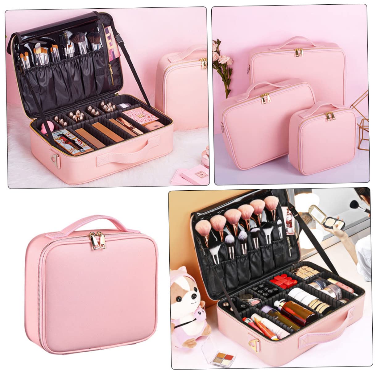 Beauty Case da Viaggio Rosa in Pu con Divisori Regolabili | Organizer per Cosmetici, Chiusura a Zip, Capienza Ampia, per Lavoro e Trasferte, Stile Semplice