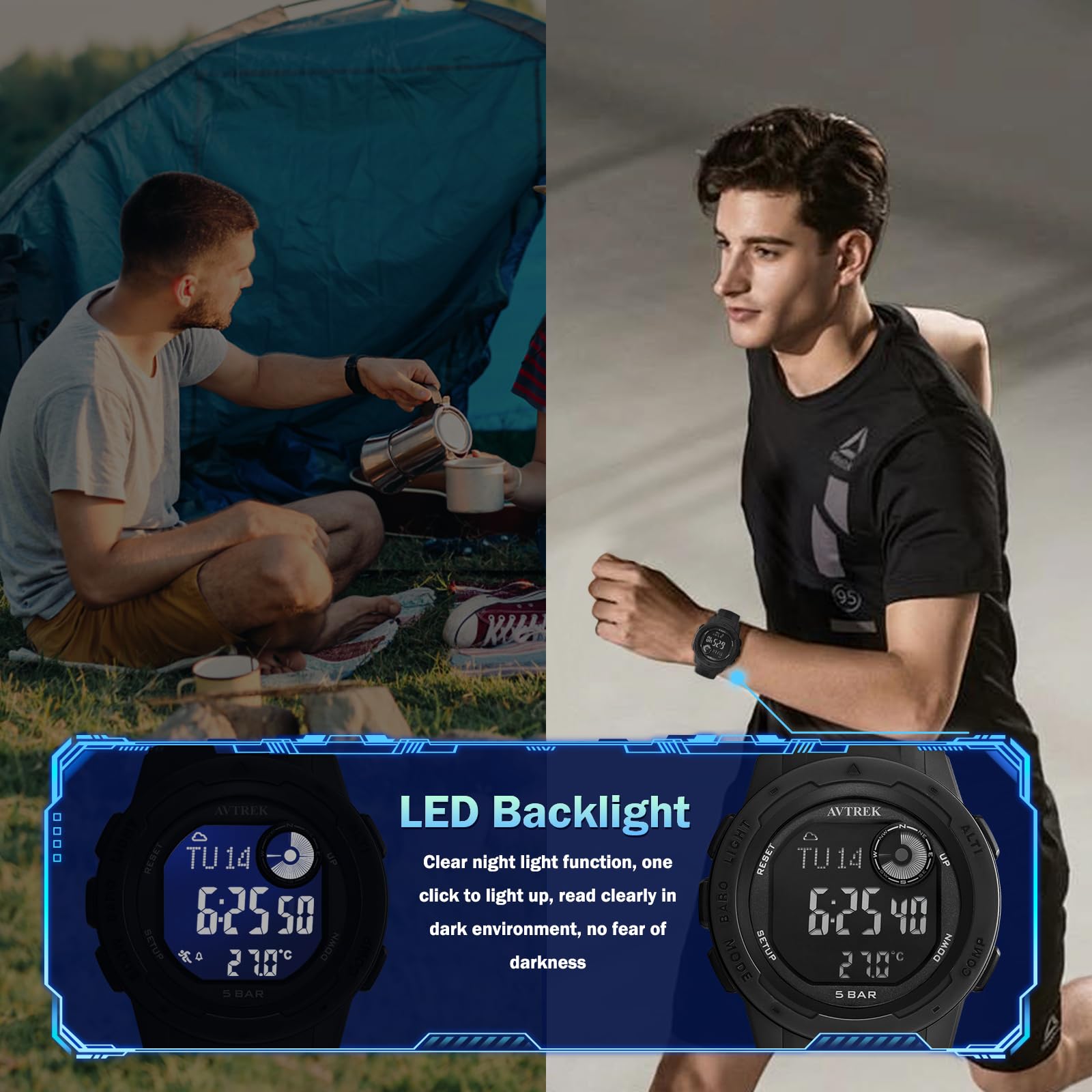 AVTREK Orologio digitale impermeabile, orologio sportivo per attività all'aperto, orologio militare con contapassi, altimetro, bussola, perfetto per uomini, donne e adolescenti (nero)