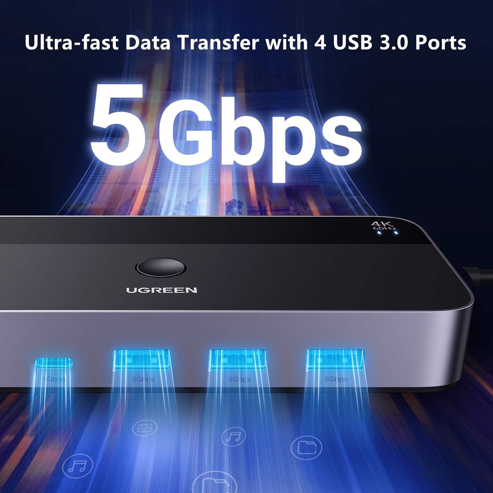 UGREEN USB 3.0 KVM HDMI Switch 4K@60Hz 2_Way High-Speed Transmission Share 3 USB + 1 Type-C Ports for Keyboard Mouse Hard Drives Printer to One Monitor with 2 USB Cables and 2 HDMI Cables