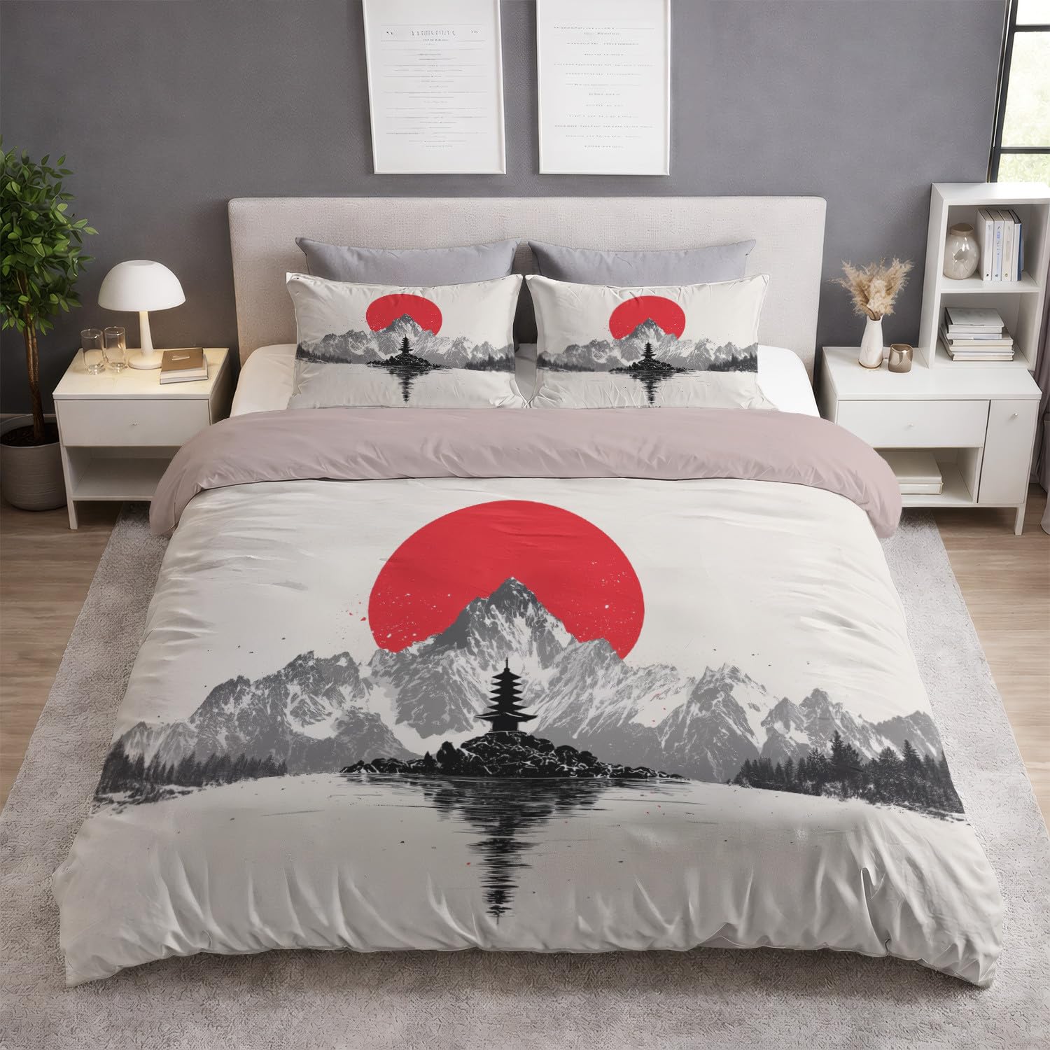 Czerwony klasyczny tradycyjny minimalistyczny zestaw poszewek na kołdrę Pagoda, 3 sztuki, 240 x 220 cm - zestaw pościeli z miękkiej mikrofibry, z zamkiem błyskawicznym i poszewkami na poduszki, można