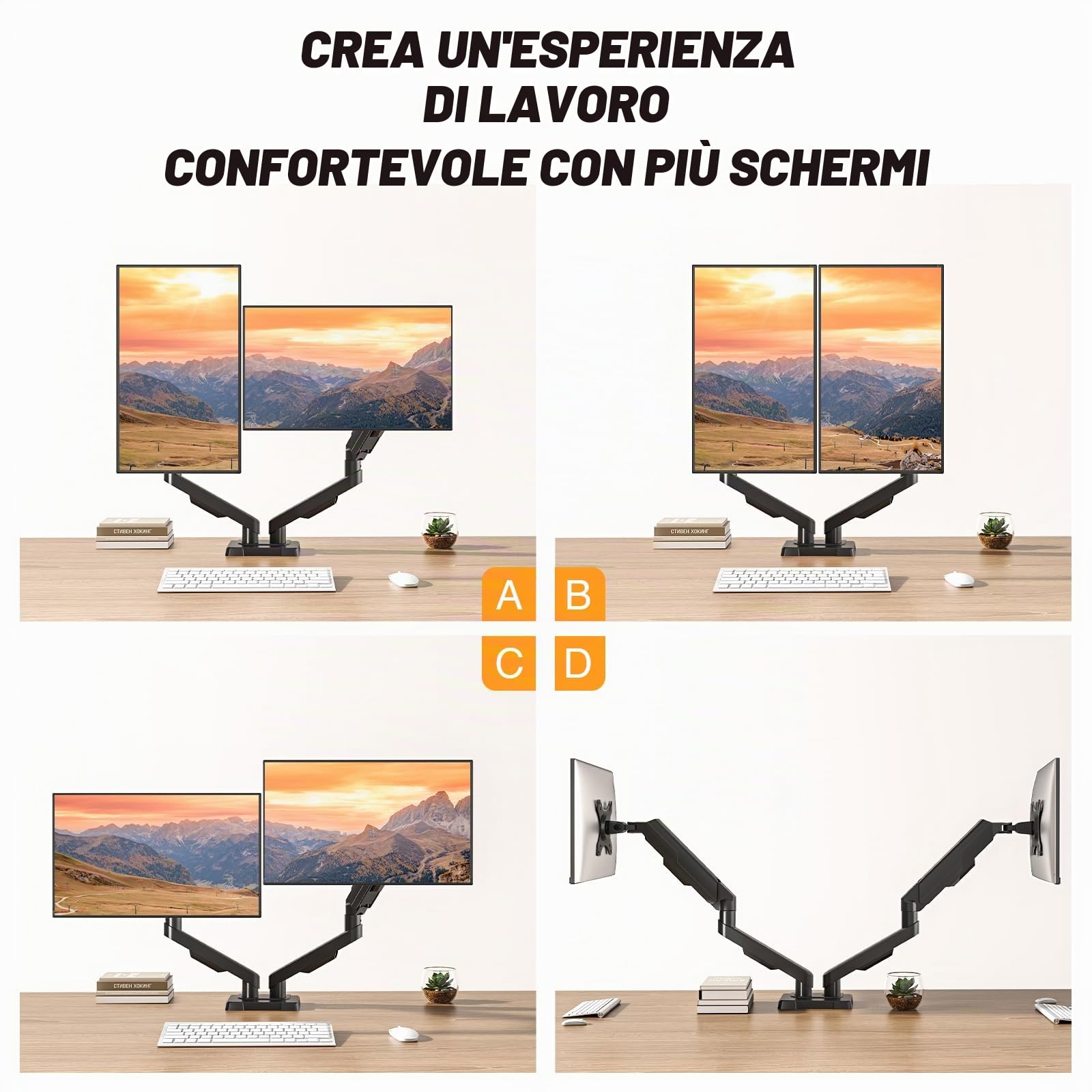 TVON Braccio Doppio Monitor Supporto Schermi 17-35" Montaggio su Banco Reg Altezza 2-10 Kg Schermo Inclinazione Giro Rotazione VESA 75/100 mm Per Home Office