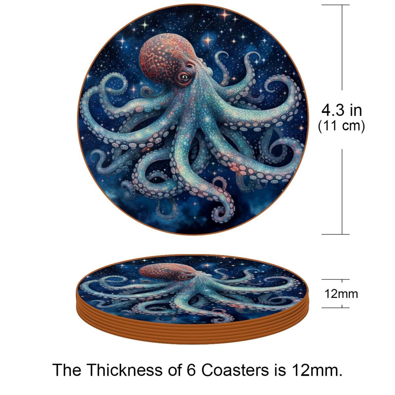 Cartoon-Galaxie-Oktopus-Untersetzer für Getränke, 6 Stück, Tisch-Schutzmatte für Weingläser, Tassen und Tassen, wiederverwendbar im Büro, Küche, Bar, 10,9 cm