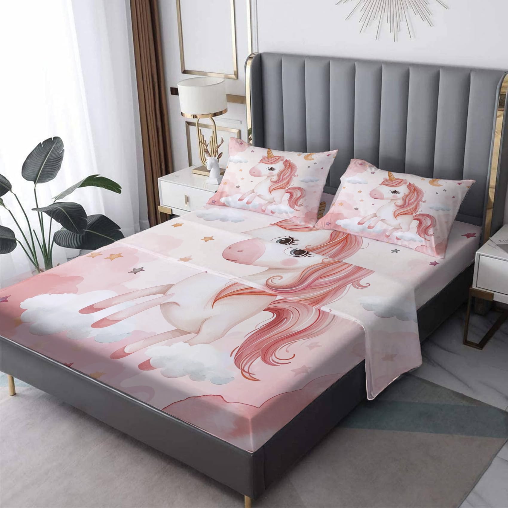 zcsm Unicorn Sheets Full Size Sheet Sets - Kids Girls Bed Sheets, Soft Microfiber & Deep Pocket & Wrinkle Free Patterned Bedding Sheets & Pillowcases, 1 Fitted Sheet, 1 Flat Sheet, 2 Pillow Cases