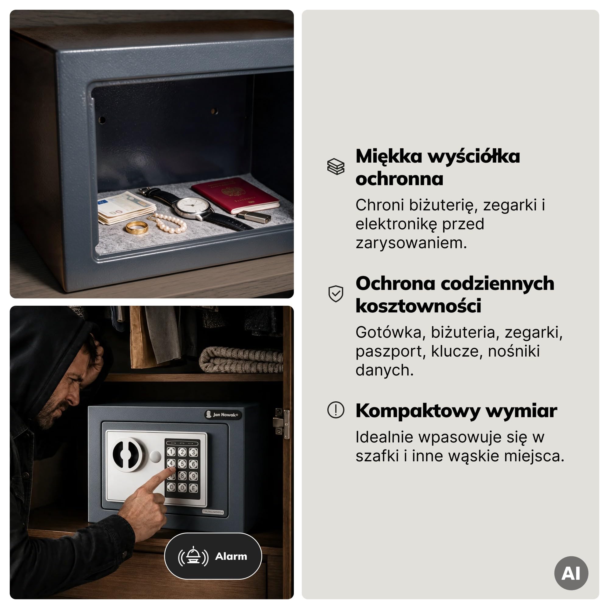 Jan Nowak Elektroniczny Mini Sejf na Kod, 23x17x17 cm, do Domu, na Gotówkę i Biżuterię, z Alarmem, Montowany do Ściany lub Podłogi, HECTOR