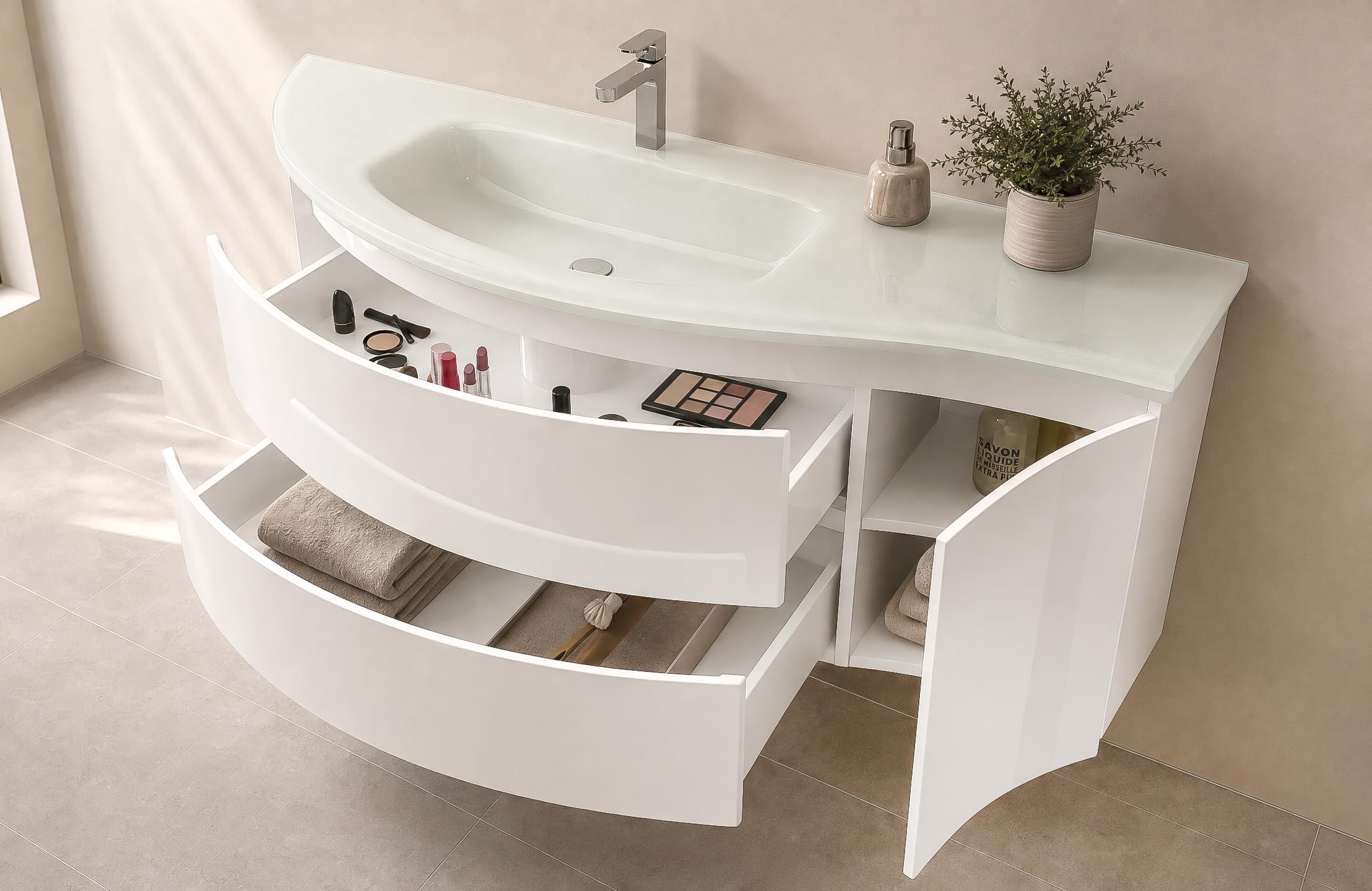 KASR Badmöbel Set Lynn 120 cm, Weiß, mit LED Spiegel und Seitenschrank, Glaswaschbecken, Hochglanz, wandhängend