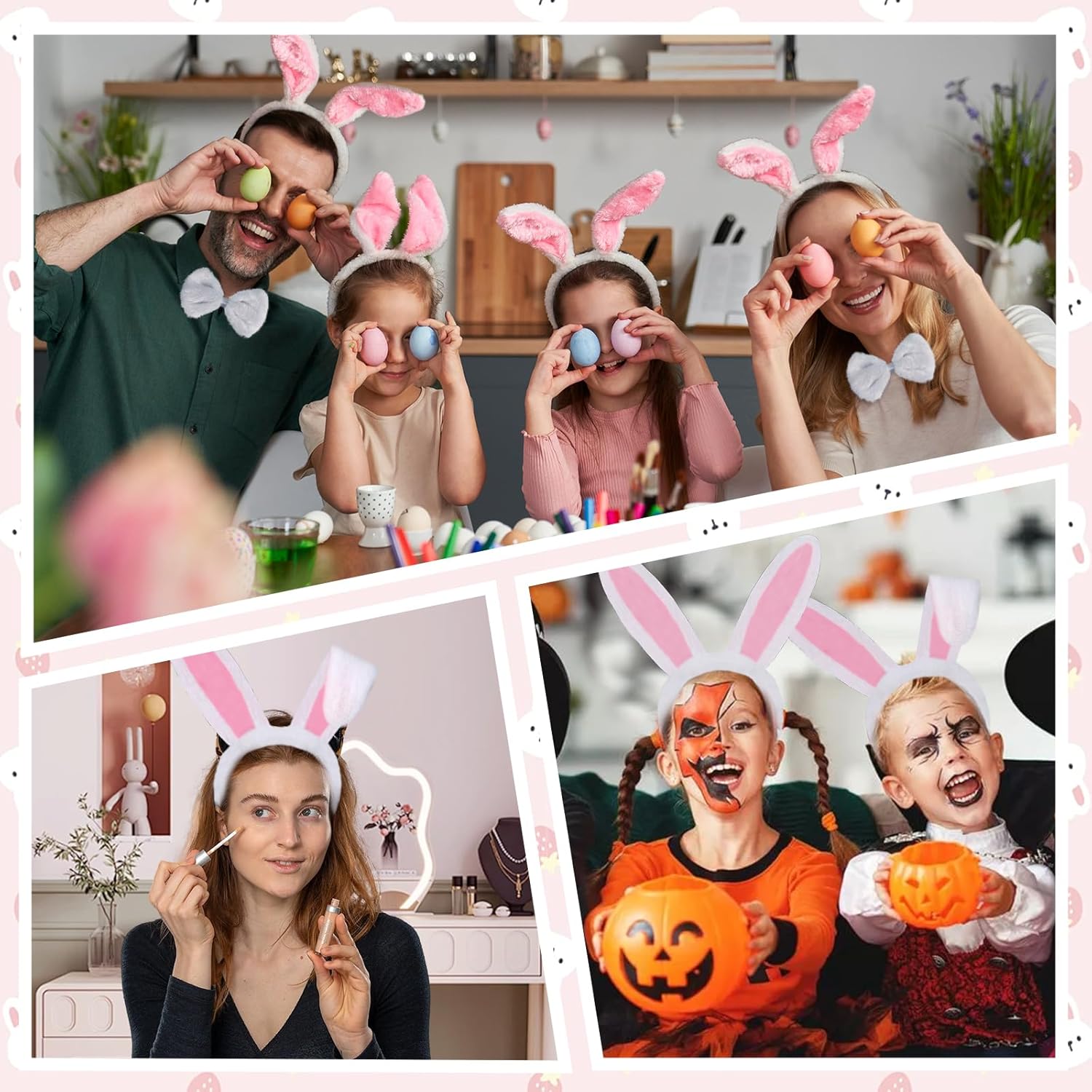 Bunny Ears and Tail Set, Easter Rubbit Ears Hearband, Bowtie, Nose for Adults Women Girls, Halloween Costume Accessories Bunny Dress Up Party Supplies - Image 6