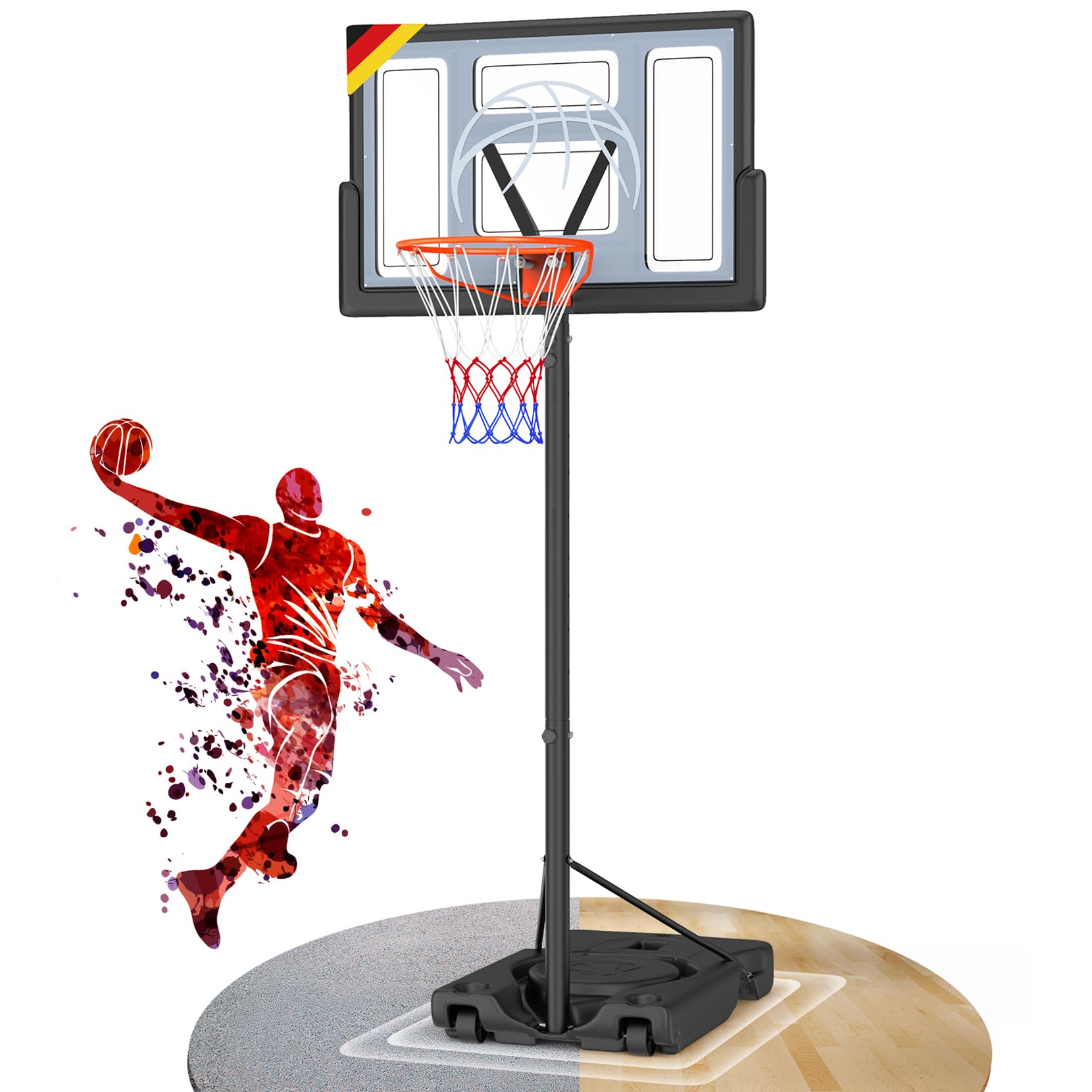 Basketballkorb Outdoor,Basketball Korb 100-305cm Höhenverstellbar,Basketballkörbe mit Ständer, Bruchsichere Rückwand, 2 Wetterfest Netz,für Kinder
