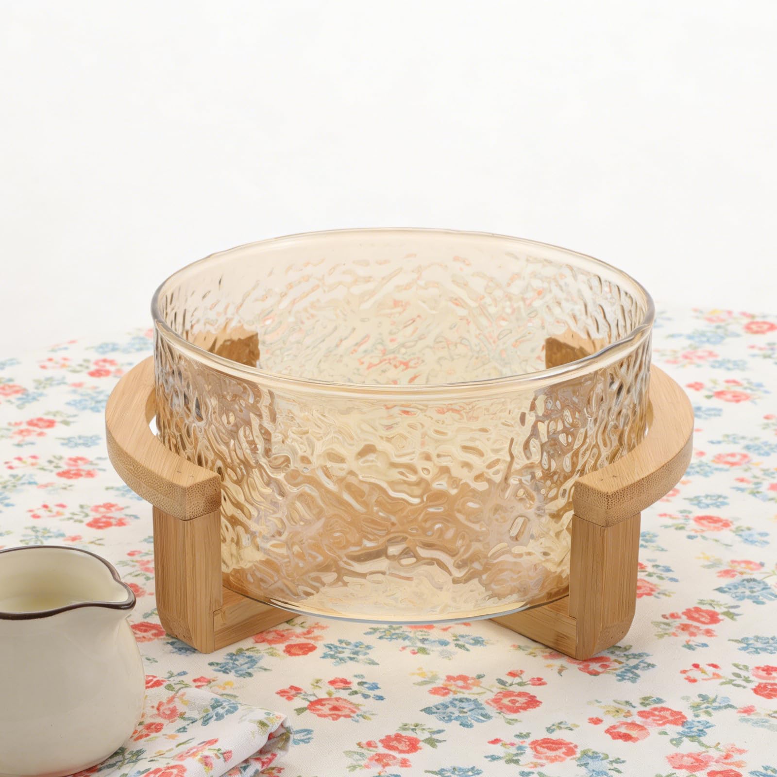 Bol de Ensalada de Vidrio con Efecto de Ondas de Agua y Soporte Seguro de Bambú Dorado, Elegante y Funcional para Uso Diario y Fiestas, Tamaño 21x17.5x10cm