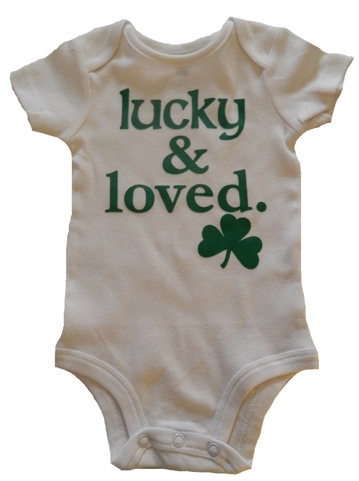 Custom Kingdom Baby Boys/Girls Lucky and Loved Irish Shamrock One-Piece Romper Bodysuit White (9 Months)