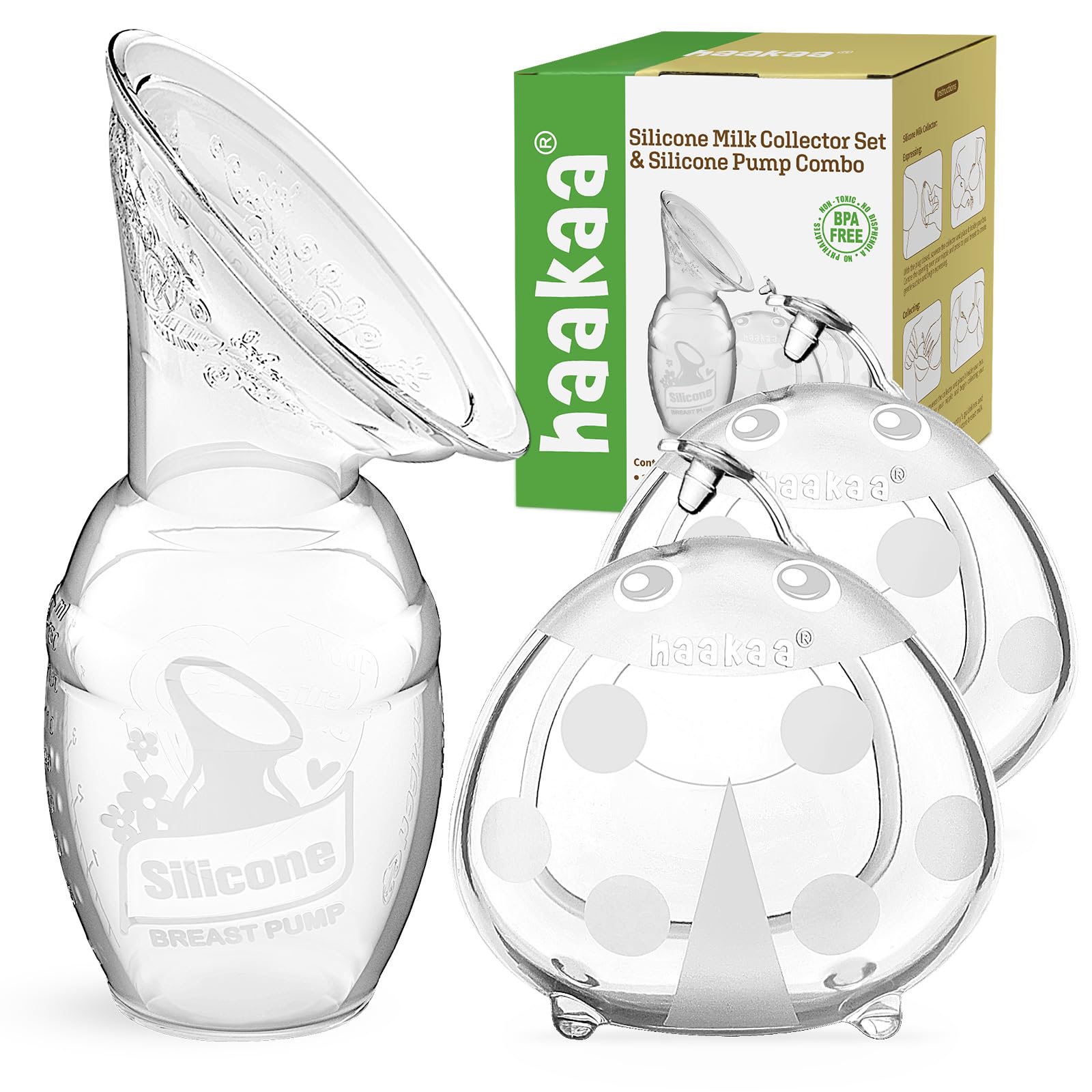 haakaa Silikon 100 ML Handmilchpumpe und 2 Stück 75 ML Marienkäfer Milchauffangschalen Combo, zum Sammeln von Muttermilch, Gesund und Harmlos