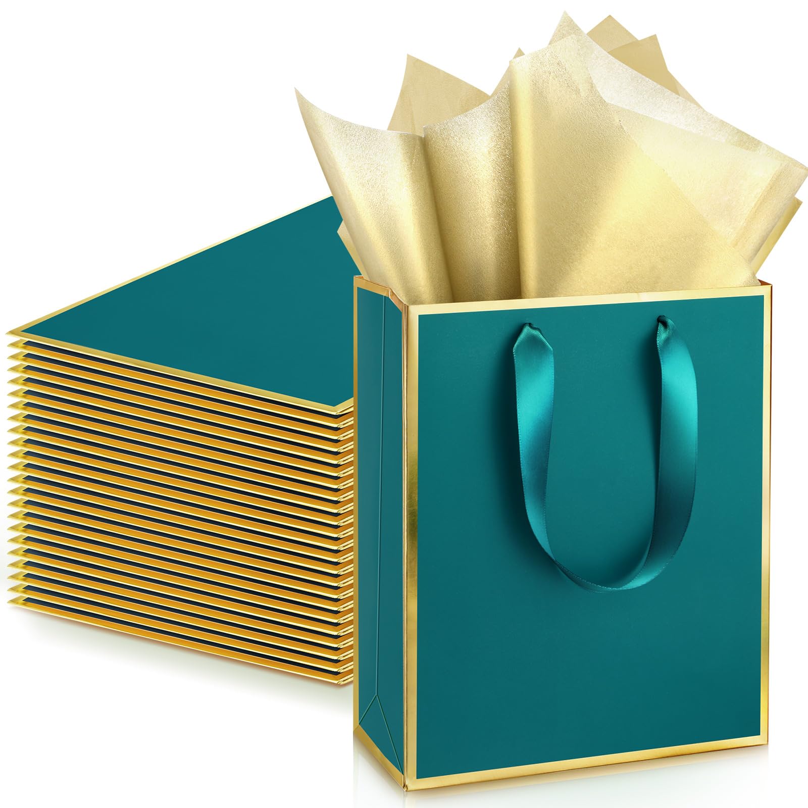 Yeaqee 24 sztuki metalicznych papierowych torebek na prezenty z uchwytem i chusteczką, 24 x 18 x 8 cm, torebki na prezent powitalny, na ślub, wieczór panieński, dla drużbów, święta, przyjęcie