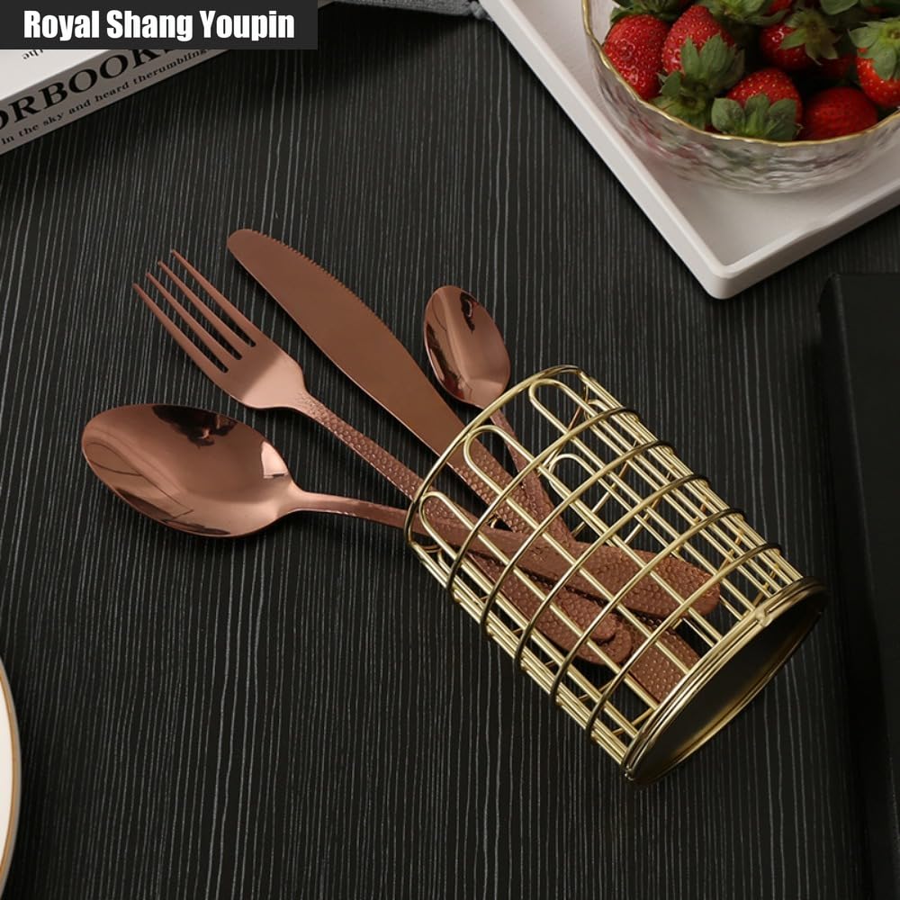 Hammer Strike Modello in Pelle Di Serpente Maniglia Da Cucina Acciaio Inossidabile Posate Stoviglie Posate Set Coltello Da Bistecca Forchetta Cucchiaio Cucchiaino (Oro rosa,20 pezzi)