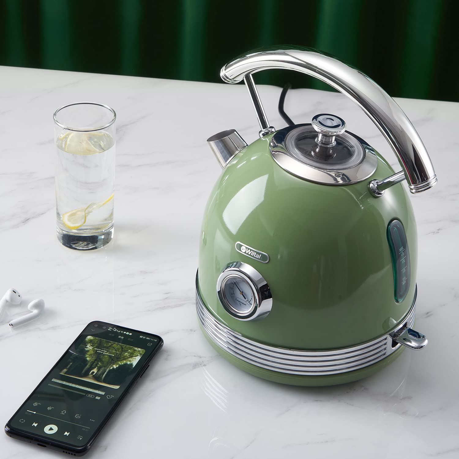 Bouilloire électrique rétro Wiltal, acier inoxydable, Vert, 1,8 litres