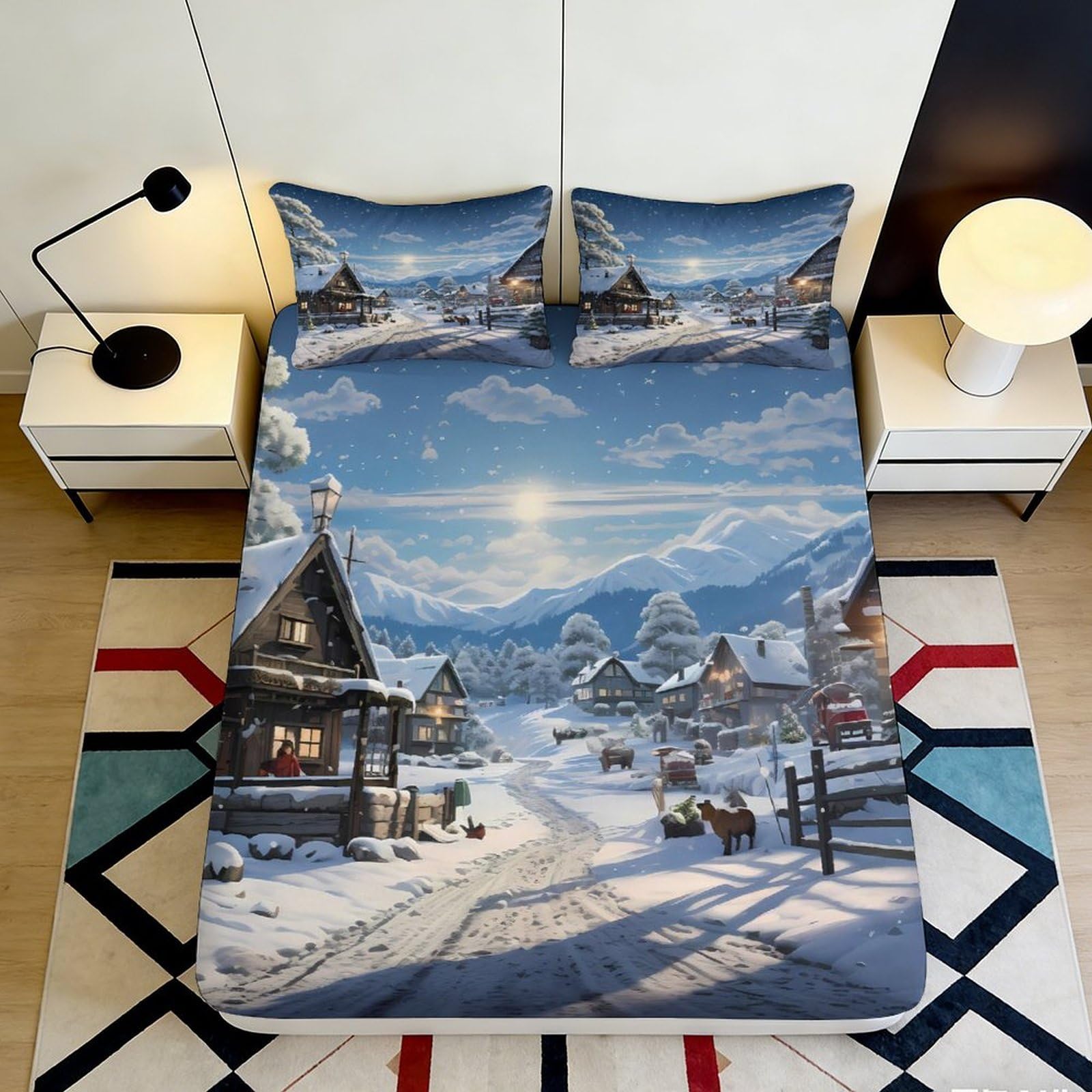 3D Printed Winter Village Fitted Sheet Microfiber Soft Snowy Landscape Bed Cover for Bedroom Guest Room Decor 90x200x25cm