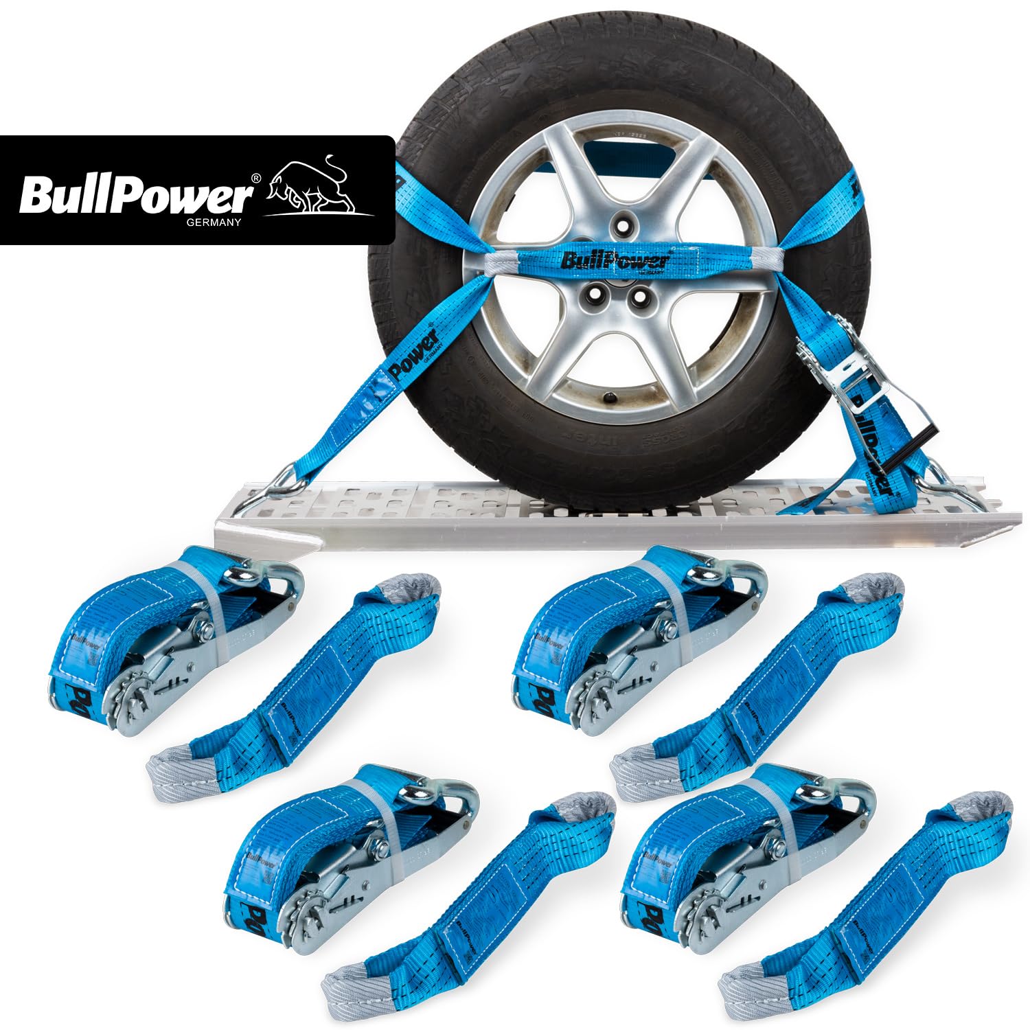 4X BullPower Spanngurte AZG251 - Autotransport PKW Zurrgurte Reifengurte Transportsicherungen 50mm - LC 4000 kg/daN mit Trapezband, Ratsche und Haken