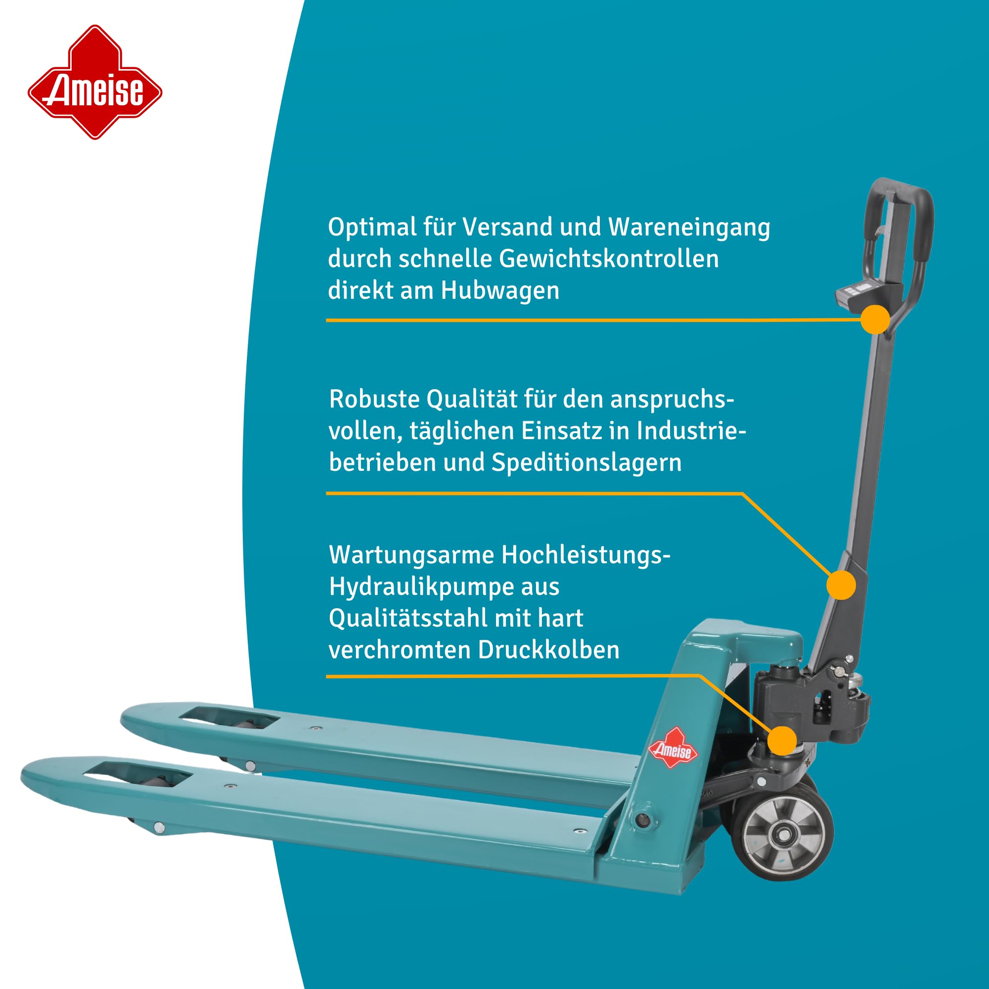 Ameise Hubwagen PTM mit Waage am Deichselkopf | Display mit 0,5/1 kg Schritten | 2.000 kg Tragkraft | 1.150 mm Gabellänge | Vollgummi Lenkrad| Polyurethan Einfach-Gabelrollen | Schnellhub bis 120 kg