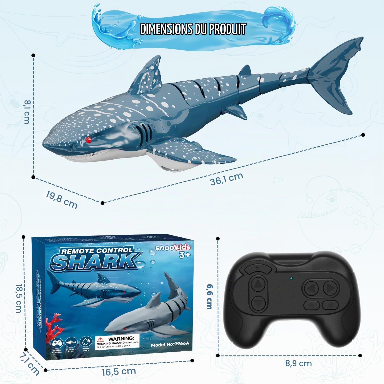 snookids Requin télécommandé pour Enfants, Jouet Requin RC 2,4 GHz, | Mouvements de queue réalistes et jeux de lumière, jouet aquatique pour la baignoire et la piscine,Cadeaux adaptés aux enfants