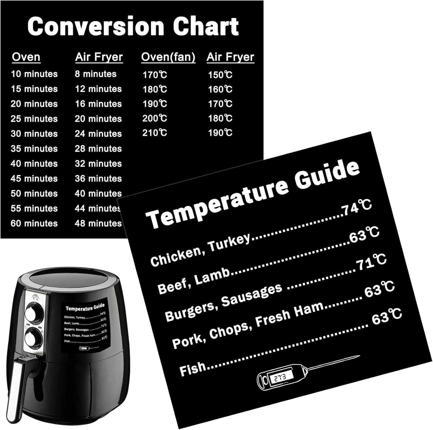 2pcs Air Fryer Cooking Times Chart Sticker,10.5x9.5cm Waterproof Air