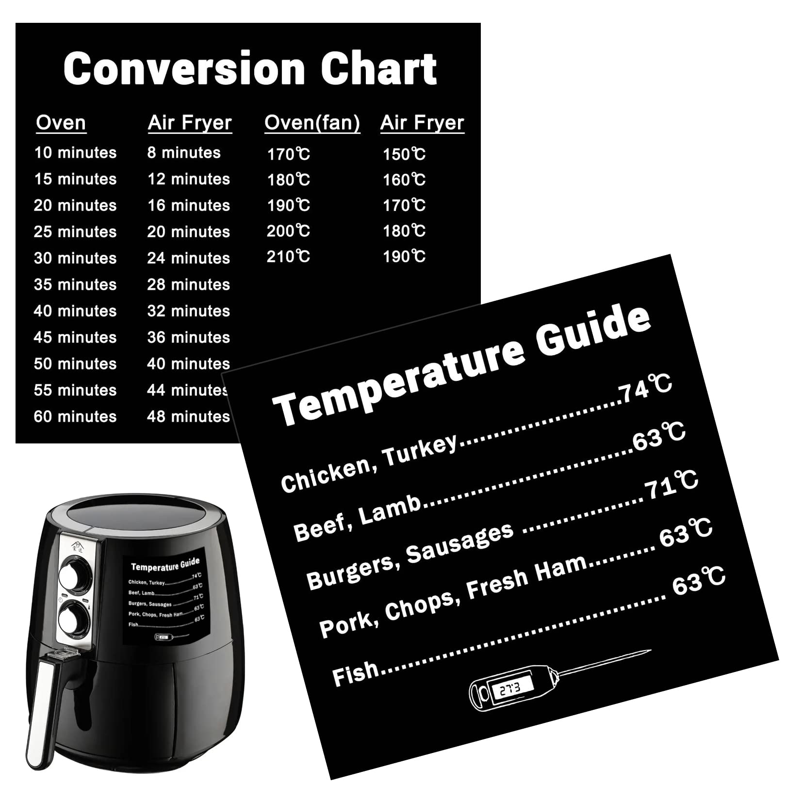 2pcs Air Fryer Cooking Times Chart Sticker,10.5x9.5cm Waterproof Air Fryer Conversion Chart Sticker,Kitchen Fryer Sheet Cooking Frying Time Reference Guide Cookware Accessories,Kitchen Gadget