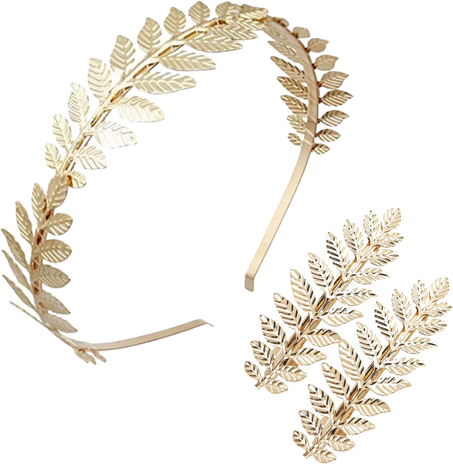 VEGCOO 2 PCS Gold Leaves Hair Clips with Leaf Headband, Vintage Roman Goddess Headdress Bride Golden Leaf Hair Crown Hair Barrettes Headband for Wedding Party Fashion Show