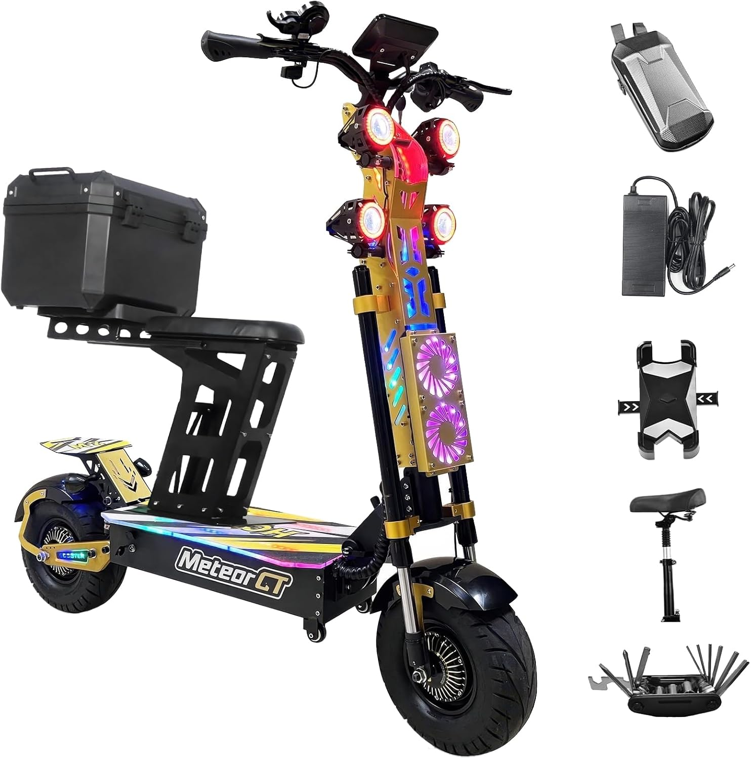 72V 10000W Foldable Dual Motor Electric Scooter for Adults with Seat 68MPH 95-Mile Range 13″ Off-Road Tires Hydraulic Brakes LCD Large Screen LG Battery for Commuting/Night Riding