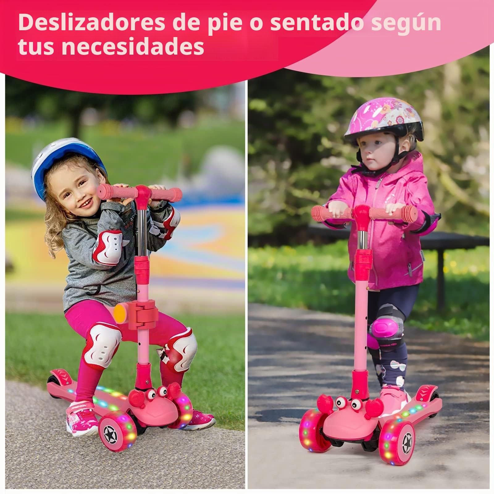 Patinete Niño 2-En-1, Asiento, Ruedas LED, Manillar Ajustable, Anti-Vuelco