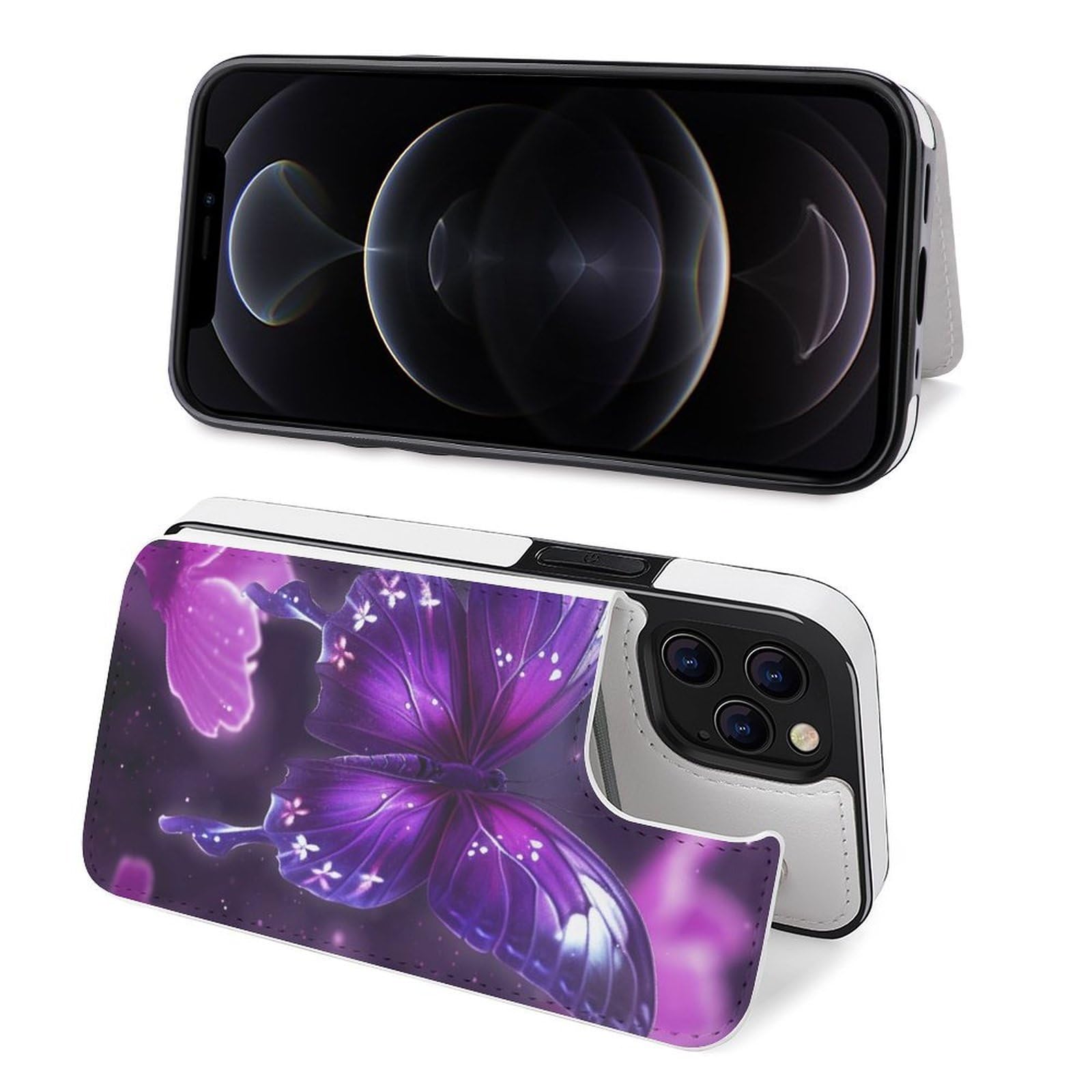 Fundas tipo cartera para iPhone 12 Pro Max, diseño de mariposas moradas, funda de piel con ranuras para tarjetas