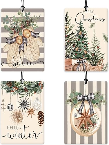 Miniatura 8 de Ambientador de coche de Navidad, 4 unidades, accesorios de automóvil de muñeco de nieve de Navidad azul para mujeres, ambientador colgante de granja