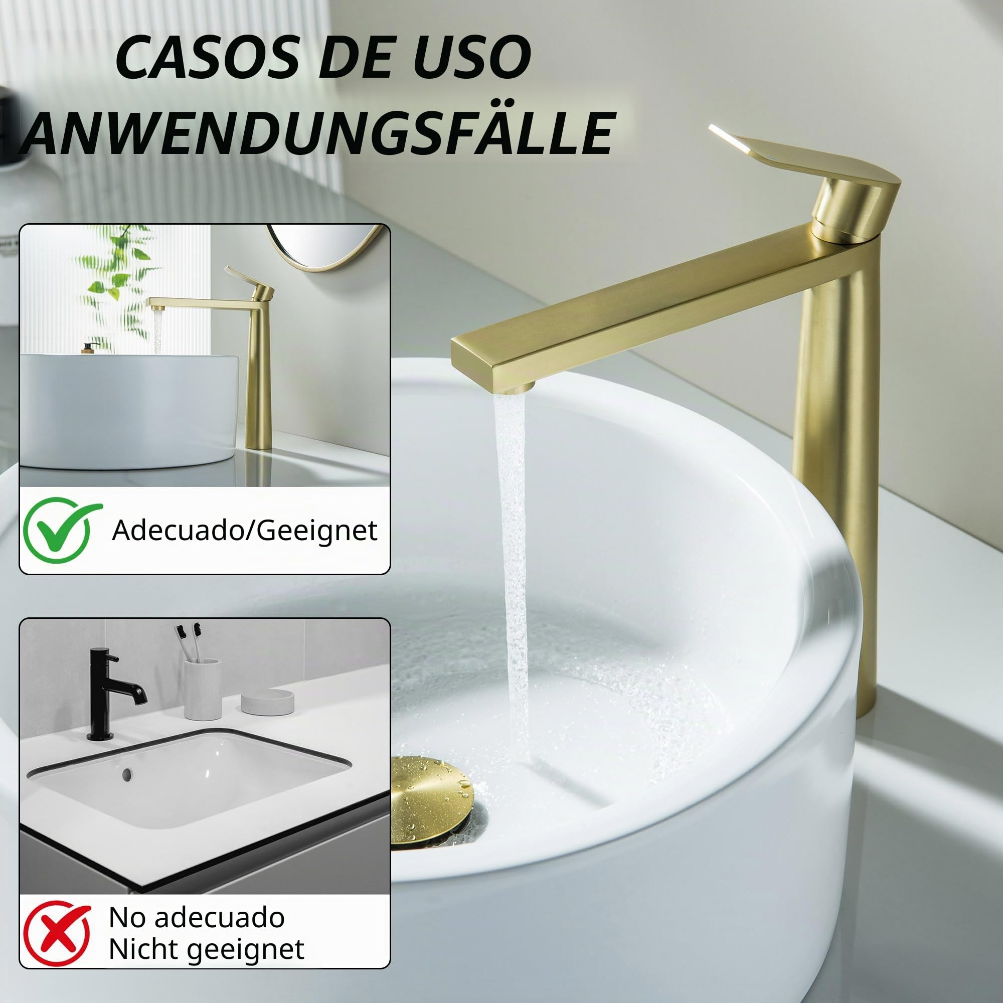 Grifo de lavabo alto, color dorado cepillado, de gran altura, grifo mezclador para lavabo alto, monomando cuadrado, monobloque