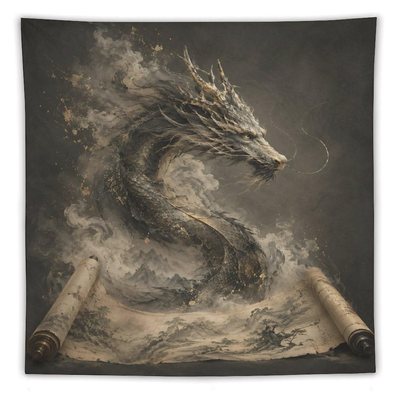 H3B8U2Y5 Dragon Emerging from Scroll Wall Tapestry, Surrealist, Bedroom