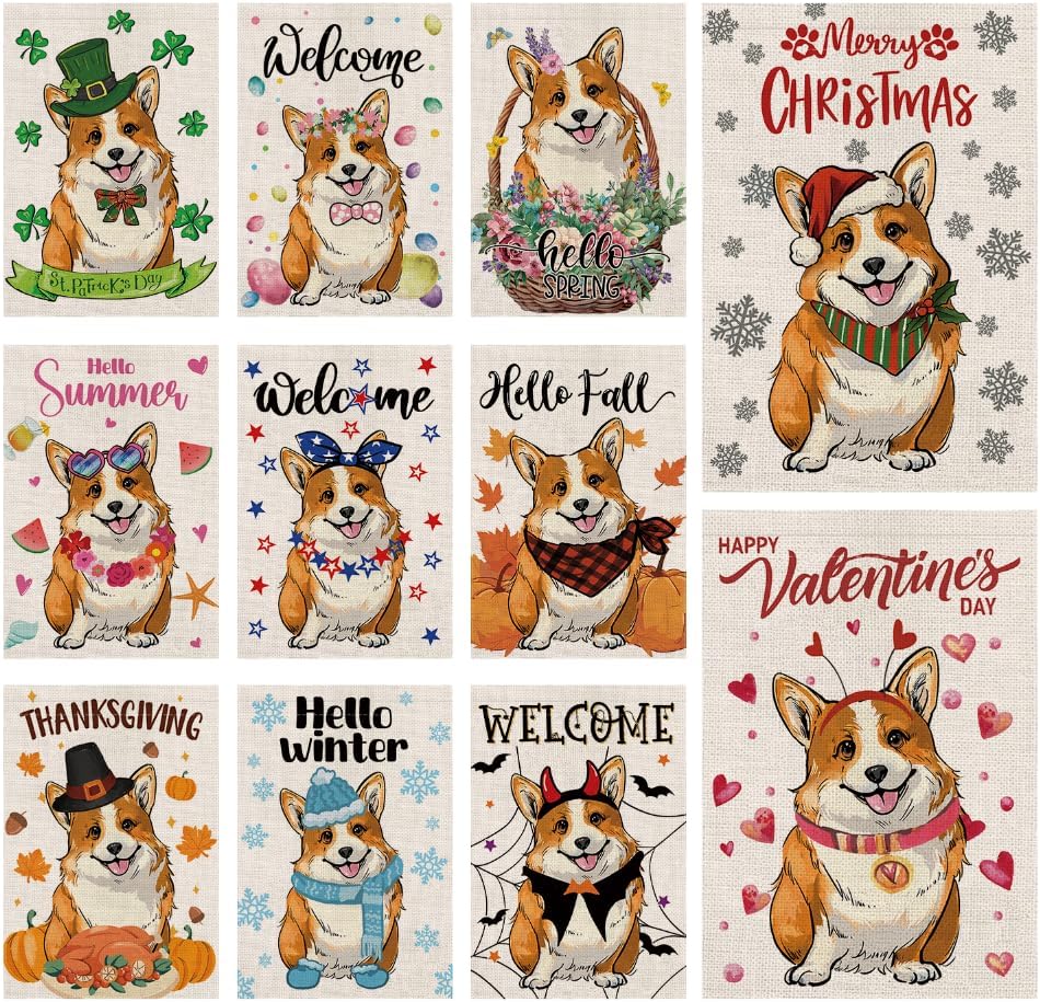 Seasonal Garden Flags Sets - Corgi Decortions Dog Flags Double Sided Flags Set of 11 Holiday Farmhouse Indoor Outdoor Yard Lawn Christmas Gifts Decor 12.5x18 Inch