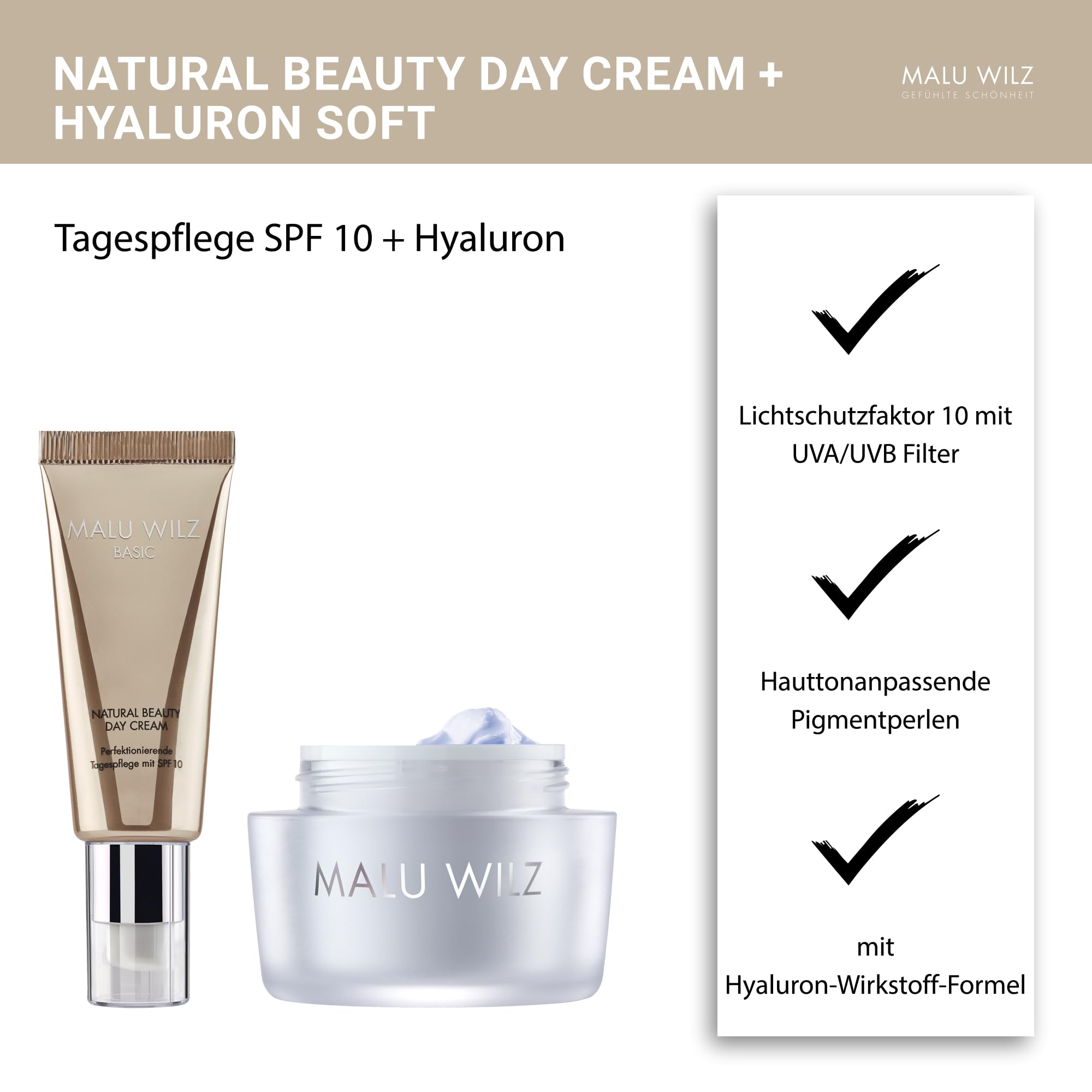 Malu Wilz Bundle Natural Beauty Day Cream + Hyaluronic Active+ Cream Soft I Erfrischende Skincare Gesichtspflege-Creme Set I Creme 40ml + Booster 50ml