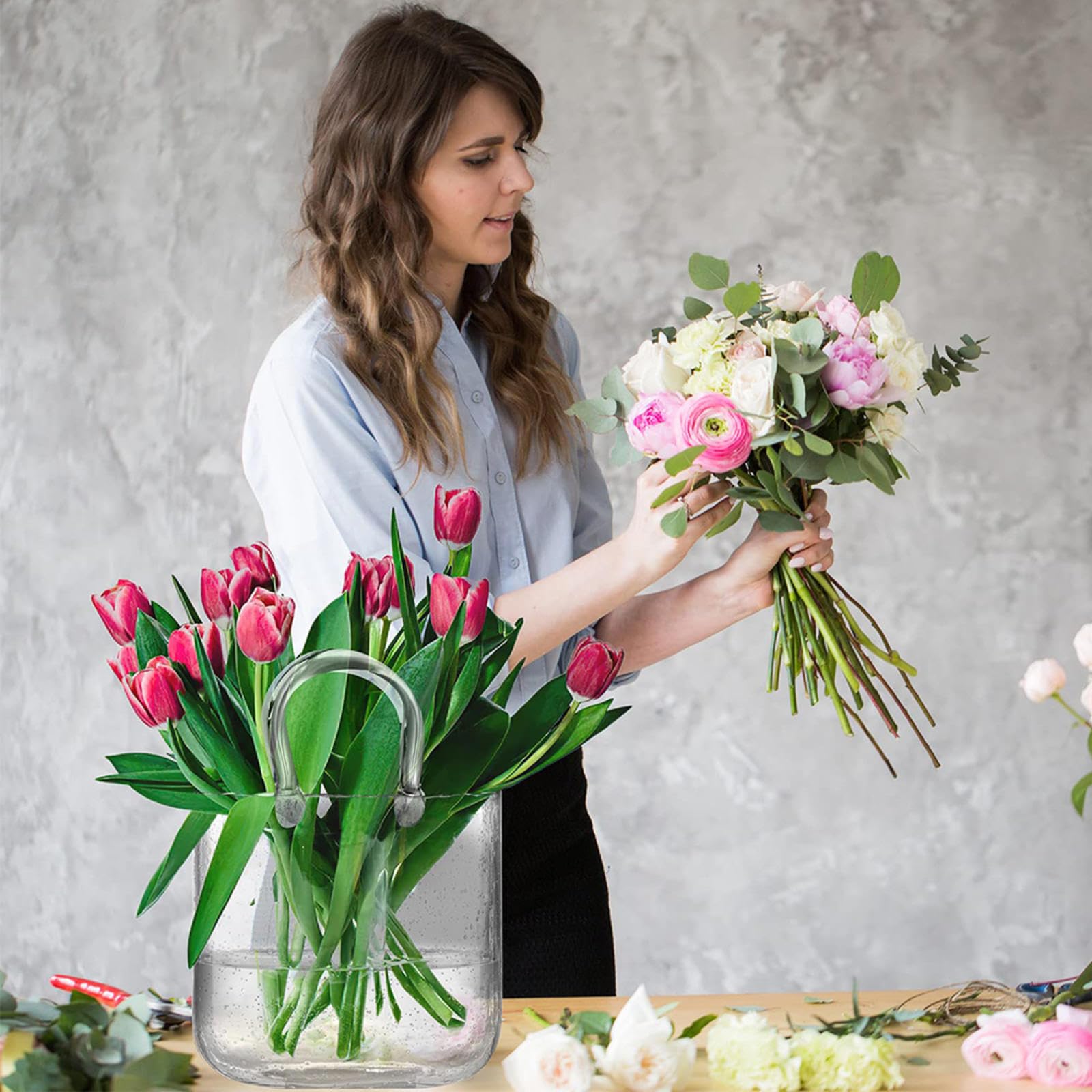 Vaso Portamonete in Vetro per Fiori, Vaso Carino a Borsa Vaso Trasparente in Vetro Portamonete, per Decorazioni domestiche, centrotavola, Eventi, Ufficio, Giardino, Matrimonio, Style1-Transp